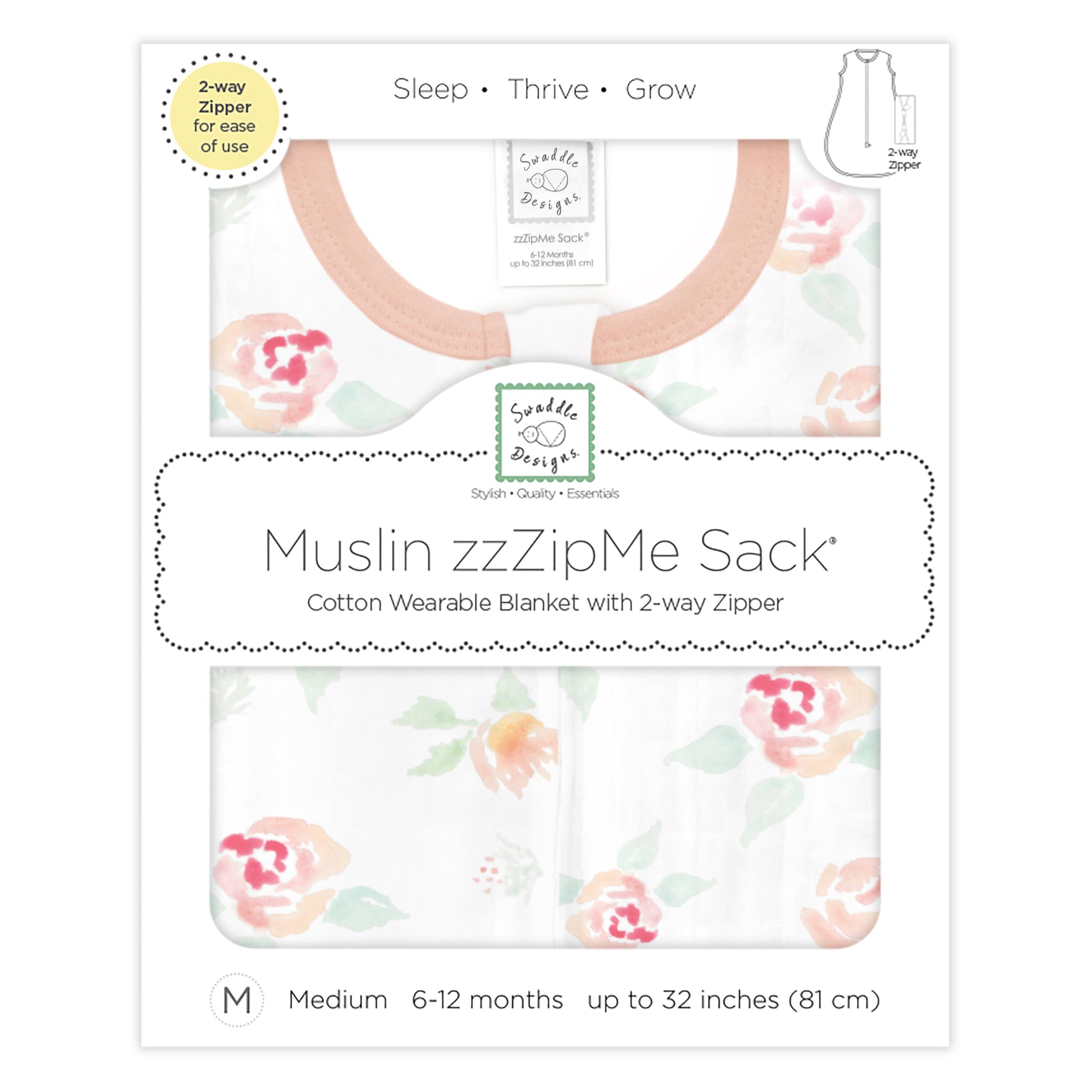 SwaddleDesigns SwaddleDesigns Baby Sleep Sack 0-6 Months, Cotton Muslin Wearable Blanket with 2-Way Zipper, Non-Weighted Sleeping Sack for Safer Sleep, Watercolor Peachy Pink Floral, Small