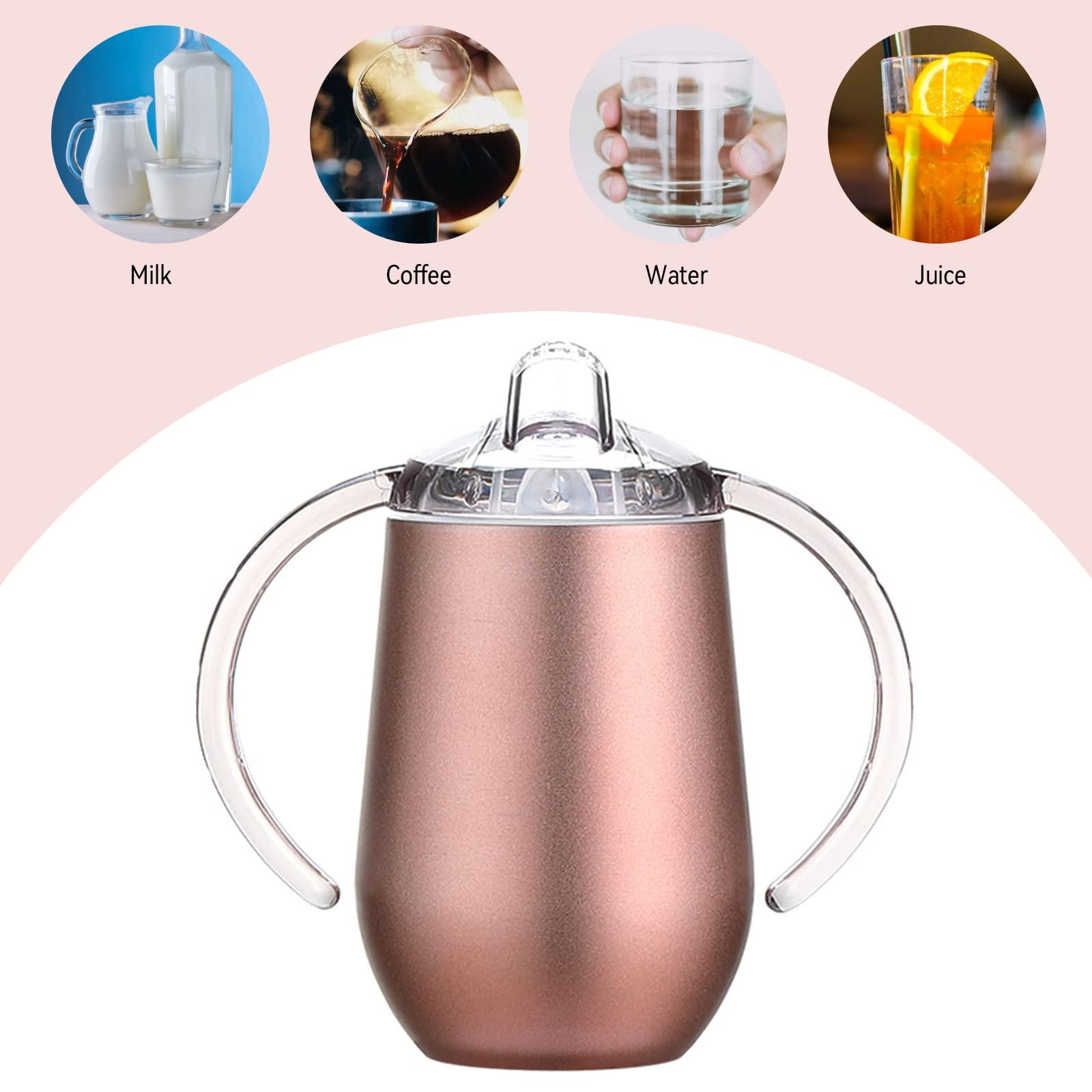 Buumin Stainless Steel Straw Sippy Cup with Handles & Silicone Lids,10 oz BPA Free Double Wall Vacuum Insulated Sippy Cup Mug Tumbler Toddler Straw Cups for boys and girls Non-Spill Sippy Cups (Rose Gold)