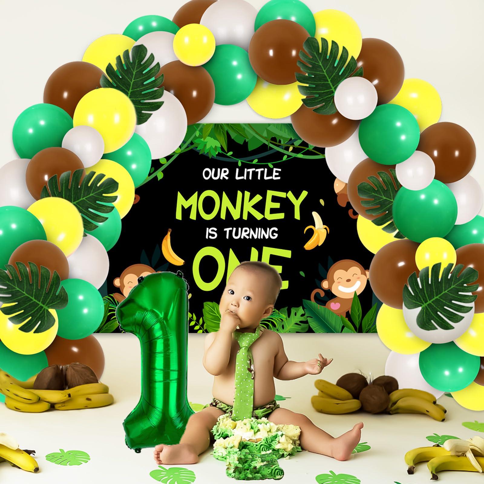 Funmemoir Monkey 1st Birthday Party Decorations - Our Little Monkey Is Turning One Backdrop, Jungle Safari Balloon Garland Arch Kit, Artificial Palm Leaves, Foil Balloons, Jungle Monkey Birthday Decorations