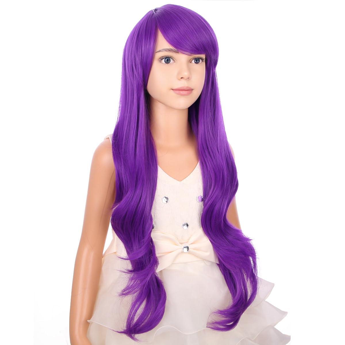 PATTNIUM PATTNIUM Kids Purple Wig Long Wavy Purple Wig with Bangs for Child Girls Dark Purle Synthetic Wig with Wig Cap