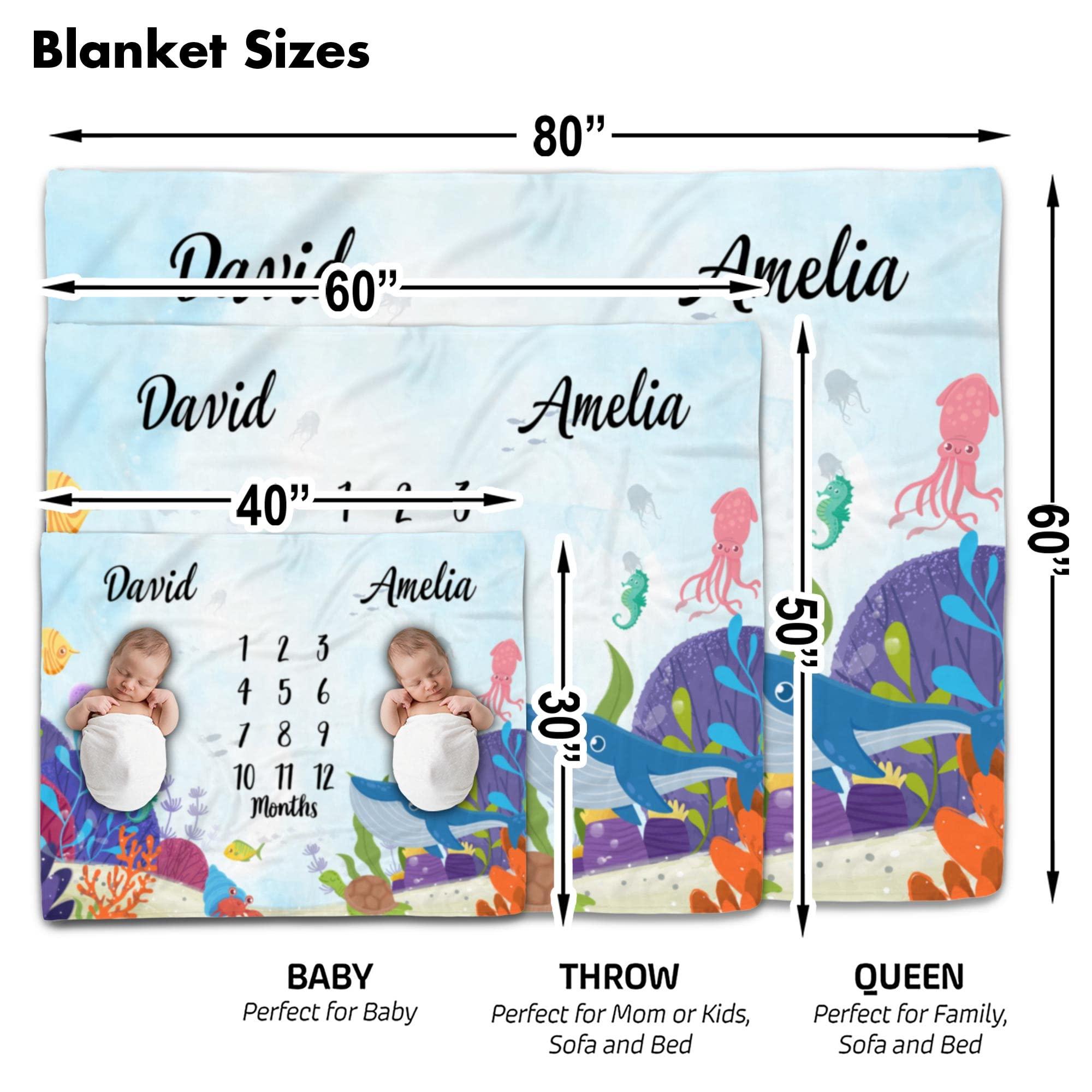 VibeCustom Personalized Ocean Wonderland Baby Blanket, Custom Names Underwater ThemeTracker, Soft Plush Marine Life Growth Chart, Nautical Nursery Decor