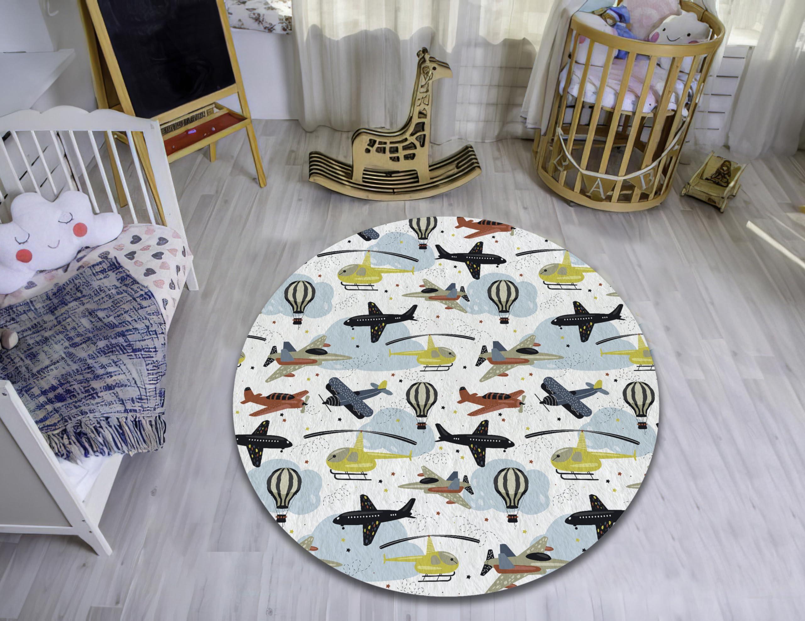 Rugendary Rugendary Airplane Nursery Rug Yellow Helicopter Pattern Play Mat Rug for Boys & Girls Nonslip Washable Cartoon Ultra Soft Carpet for Baby Bath & Kids Room (Round 2 ft.)