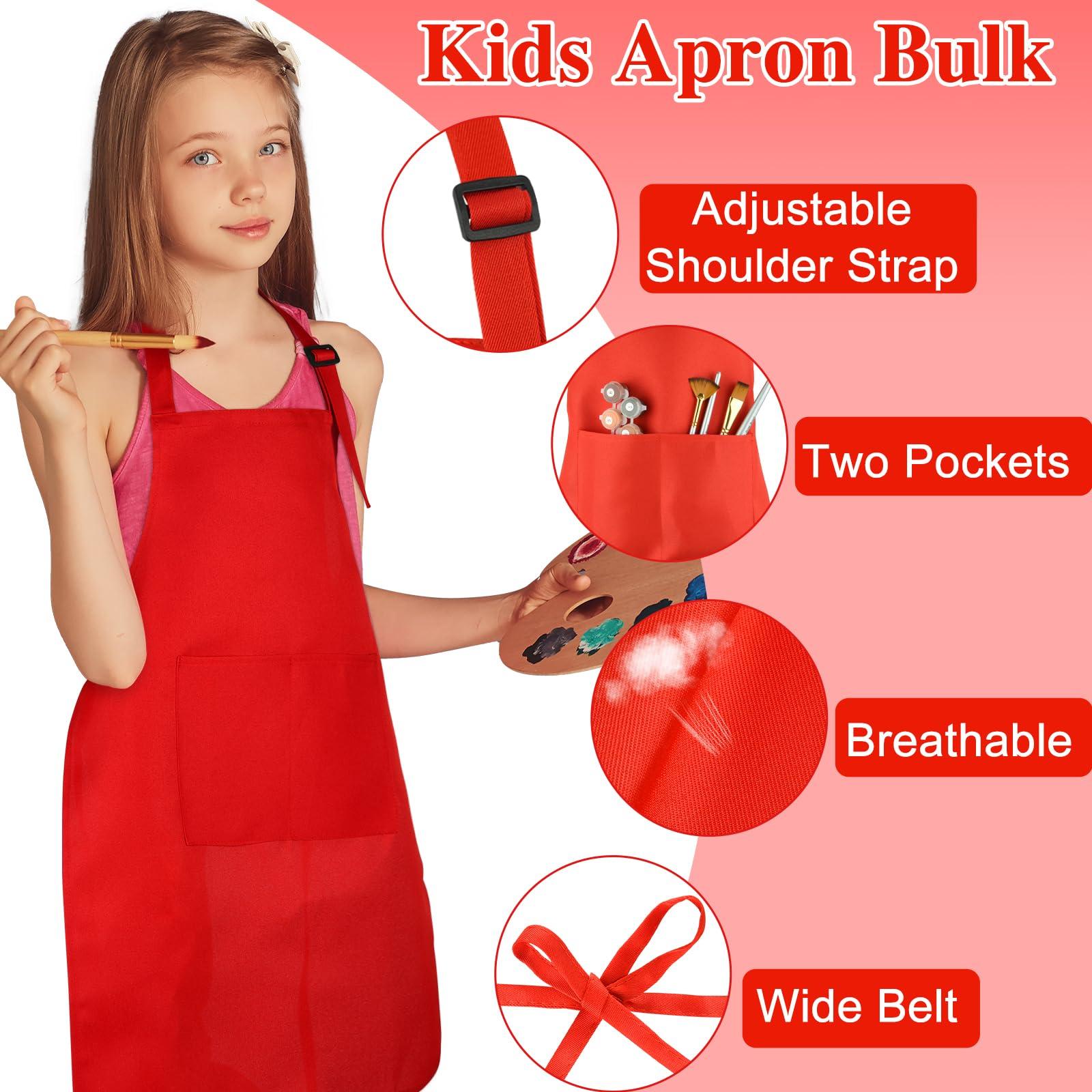 BOUBONI BOUBONI 24 Pack Kids Apron Bulk with 2 Pockets Adjustable Chef Art Apron Kids Painting Aprons for Cooking Baking Painting Crafting Grilling ActivityRed