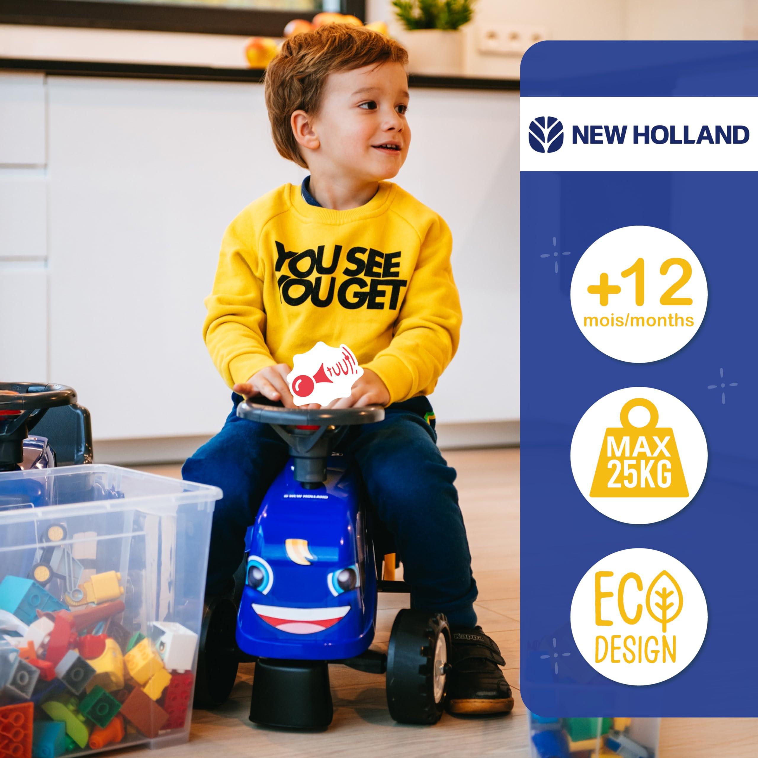 Falk Falk New Holland Tractor with Trailer, Rake and Shovel, 2 Sets of Stickers, Push Ride-On Toy for Toddlers +1 Year FA280C
