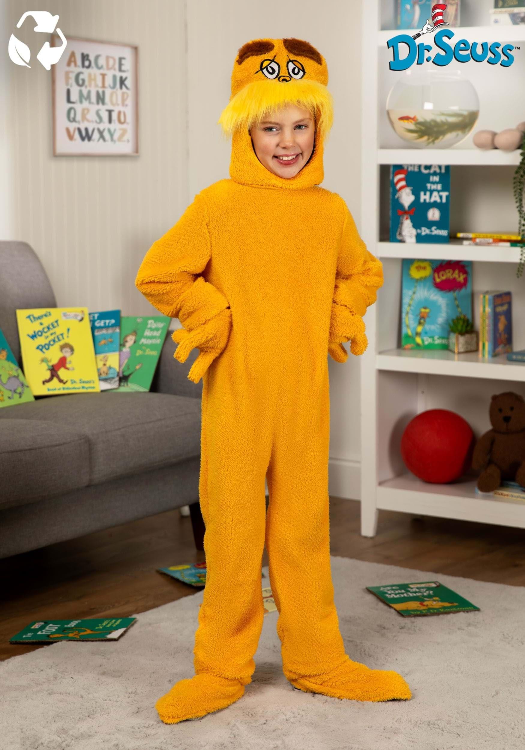 Fun Costumes Fun Costumes Child Dr. Seuss The Lorax Costume - Size -Deluxe Jumpsuit with Plush Hood, Hand Covers, and Foot Polyester Microfiber Fleece Officially Licensed Medium