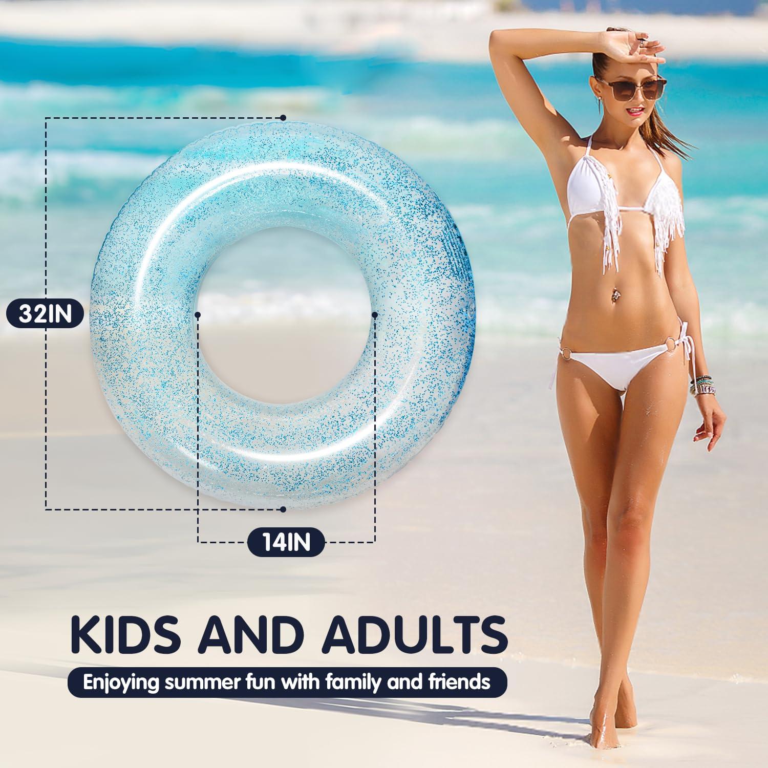 Polita Polita Pool Float, Pool Floats Kids Summer Glitter Pool Tube with Confetti,Tube Pool Toys Beach Party, Transparent Inflatable Floating Tubes for Adults and Kids (Pink+Blue)