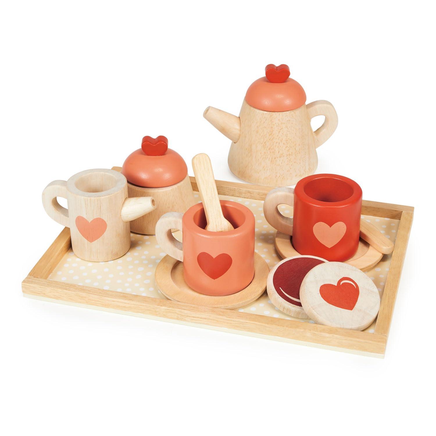 Mentari Mentari Toys - Tea Time Tray Set - Wooden Pink Teapot, Cups and Trays for Pretend Afternoon Tea Party - Social, Creative, and Imaginative Development - Learning Role Play - Age 3+