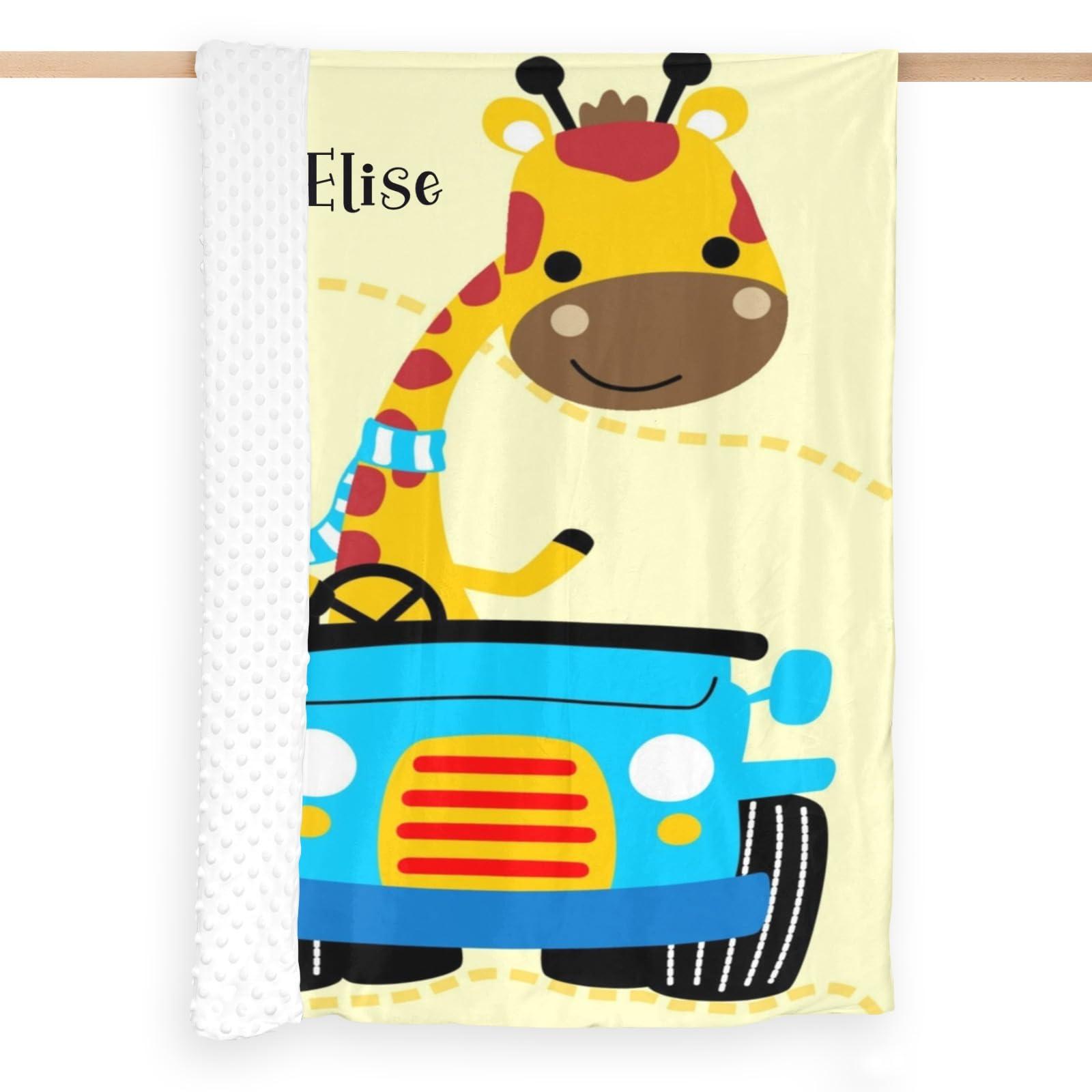 Joyestore Giraffe Cartoon Car Personalized Baby Blanket Boys Girls Soft Minky Blanket Double Layer Dotted Custom Newborn Shower Gifts 35X45 in