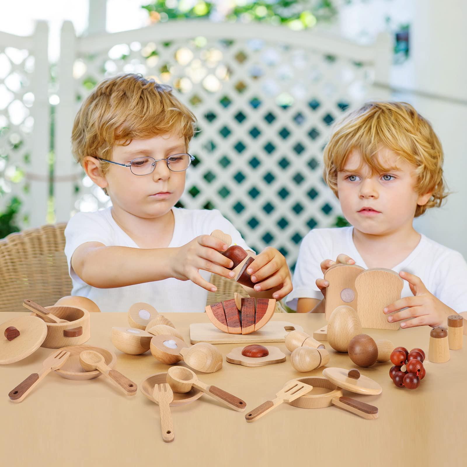 WHOHOLL WHOHOLL Wooden Play Food, Toddler Cutting Play Food Sets for Kids Kitchen, Velcro Fake Food Fruit Toys for Pretend Play Kitchen, Montessori Toy Kitchen Accessories for Girls Boys Gifts