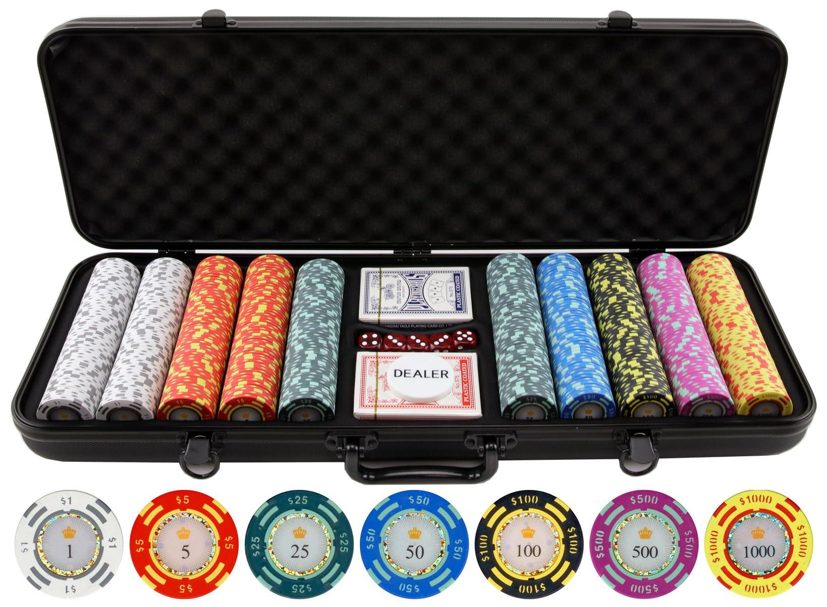 Versa Games Versa Games 13.5 Gram Poker Chips - Clay Poker Chips Set - 500 Piece Crown Casino Poker Set with Numbers Denomination - New Upgraded Poker Case