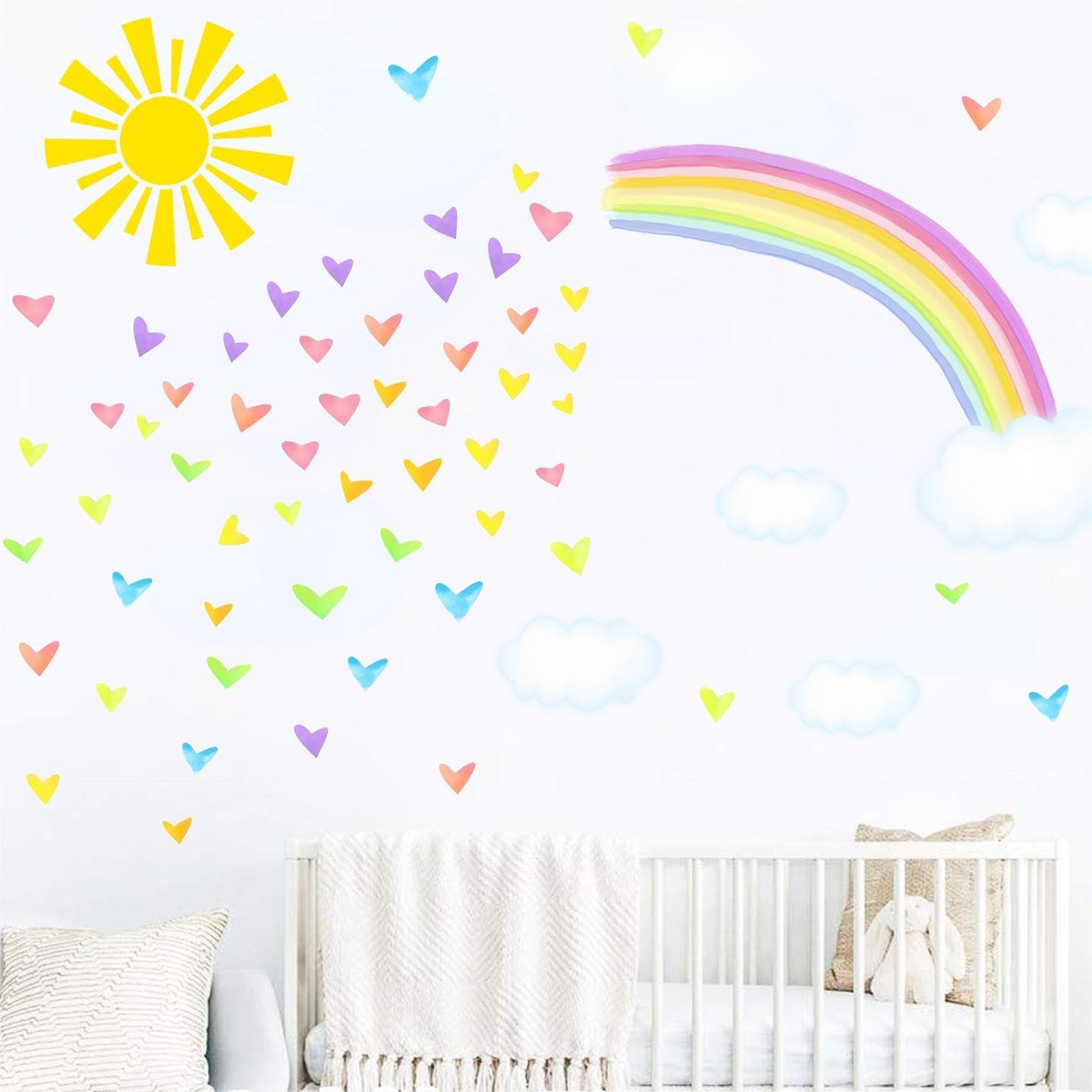IKEYU IKEYU Colorful Rainbow Wall Stickers Sun Clouds Wall Decals Watercolor Heart Wall Stickers Large Rainbow Wall Decals for Kids Room Nursery Girls Bedroom Decor