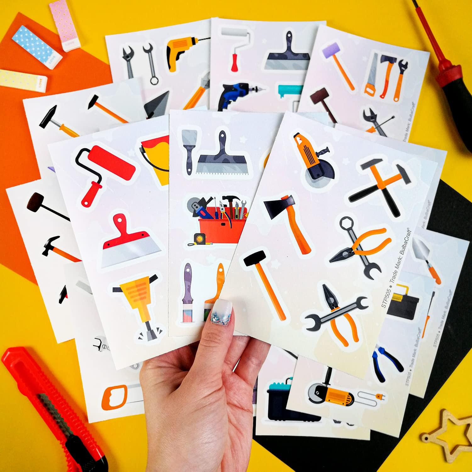 BulbaCraft 100Pcs Tool Stickers, Hammer Stickers, Tool Stickers and Decals - Tool Bench, Tool Set, Tool, Tool Box for Boys and Girls