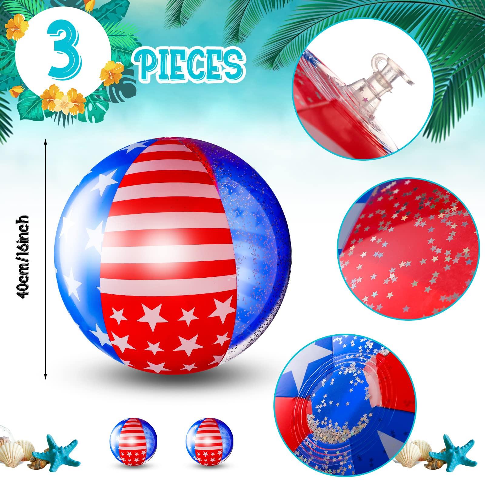 Leitee 3 Pcs Patriotic Beach Ball Inflatable Pool Beach Balls Filled with Stars Confetti 16 Inch Large Beach Balls Pool Party Float Pool Balls Set Glitter Star Decorations Party Glitter Star Beach Toys