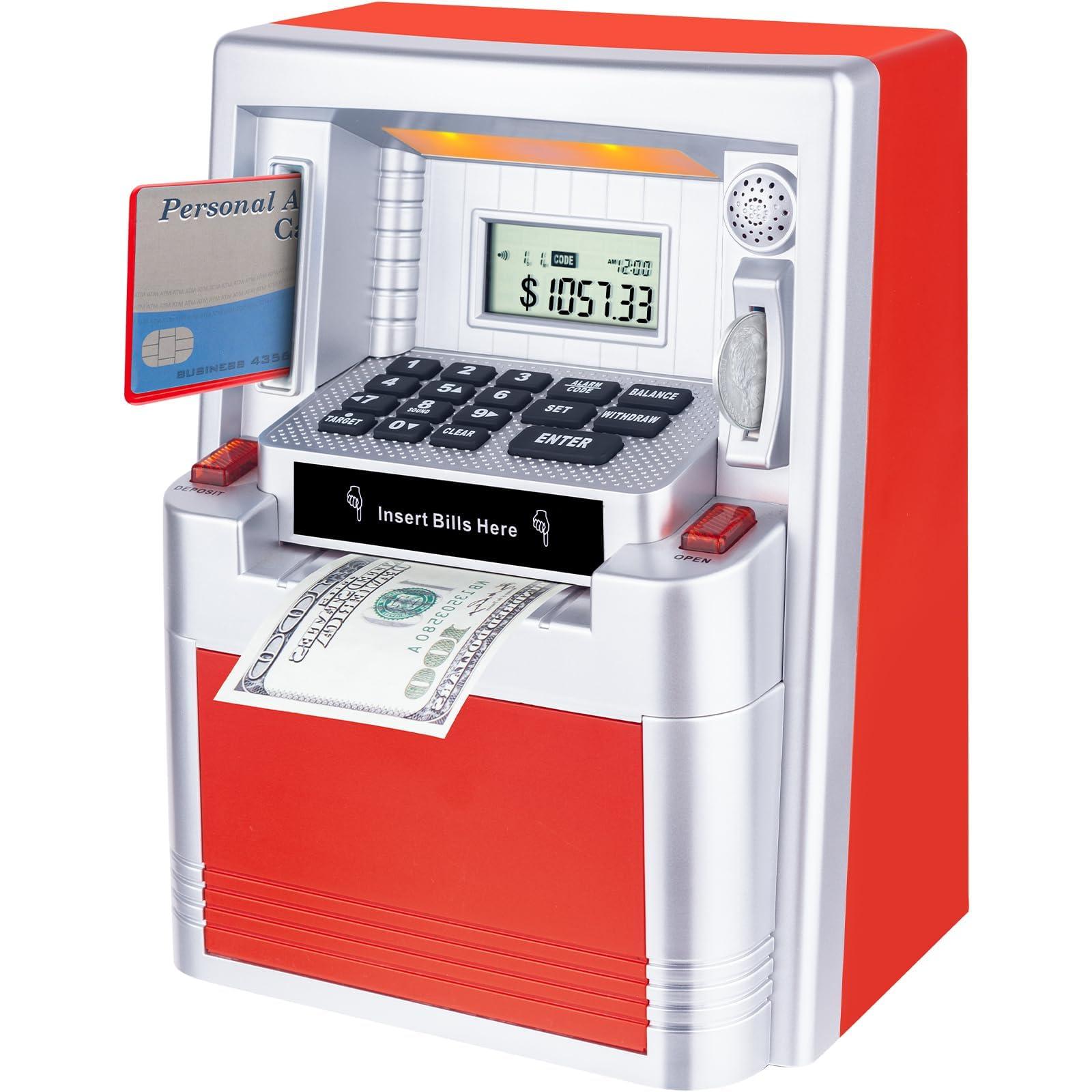 qiekaka Qiekaka Upgraded ATM Piggy Bank, Kids Talking Piggy Bank, ATM Bank Machine for Real Money, with Debit Card, Balance Calculator, Digital Electronic Savings Safe Box for Teen Boys Girls.