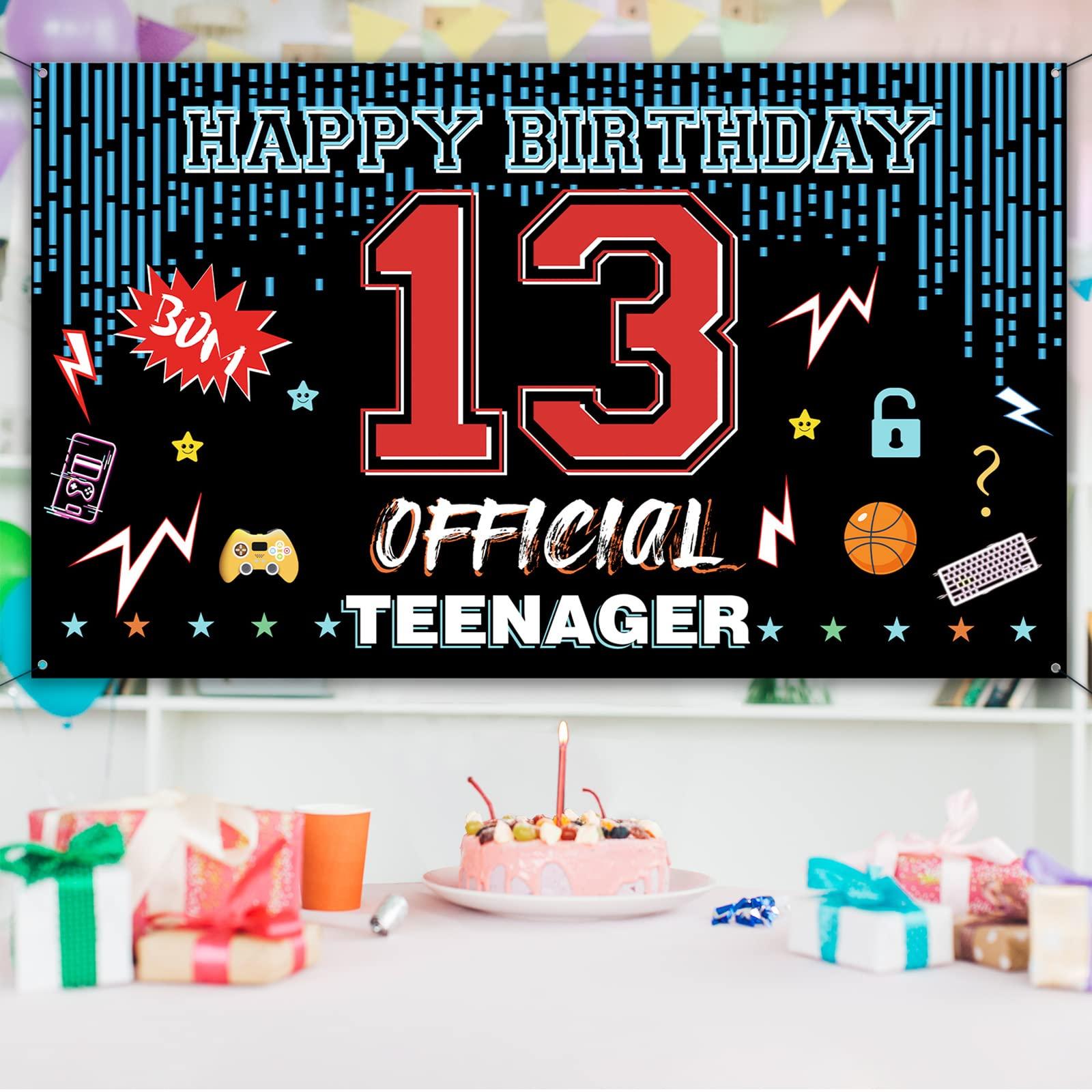PHXEY Official Teenager 13th Birthday Door Backdrop Banner, Happy 13th Birthday Decorations for Boys Girls, Red Blue 13 Year Old Birthday Party Yard Sign Photo Booth Props Supplies, Fabric, PHXEY