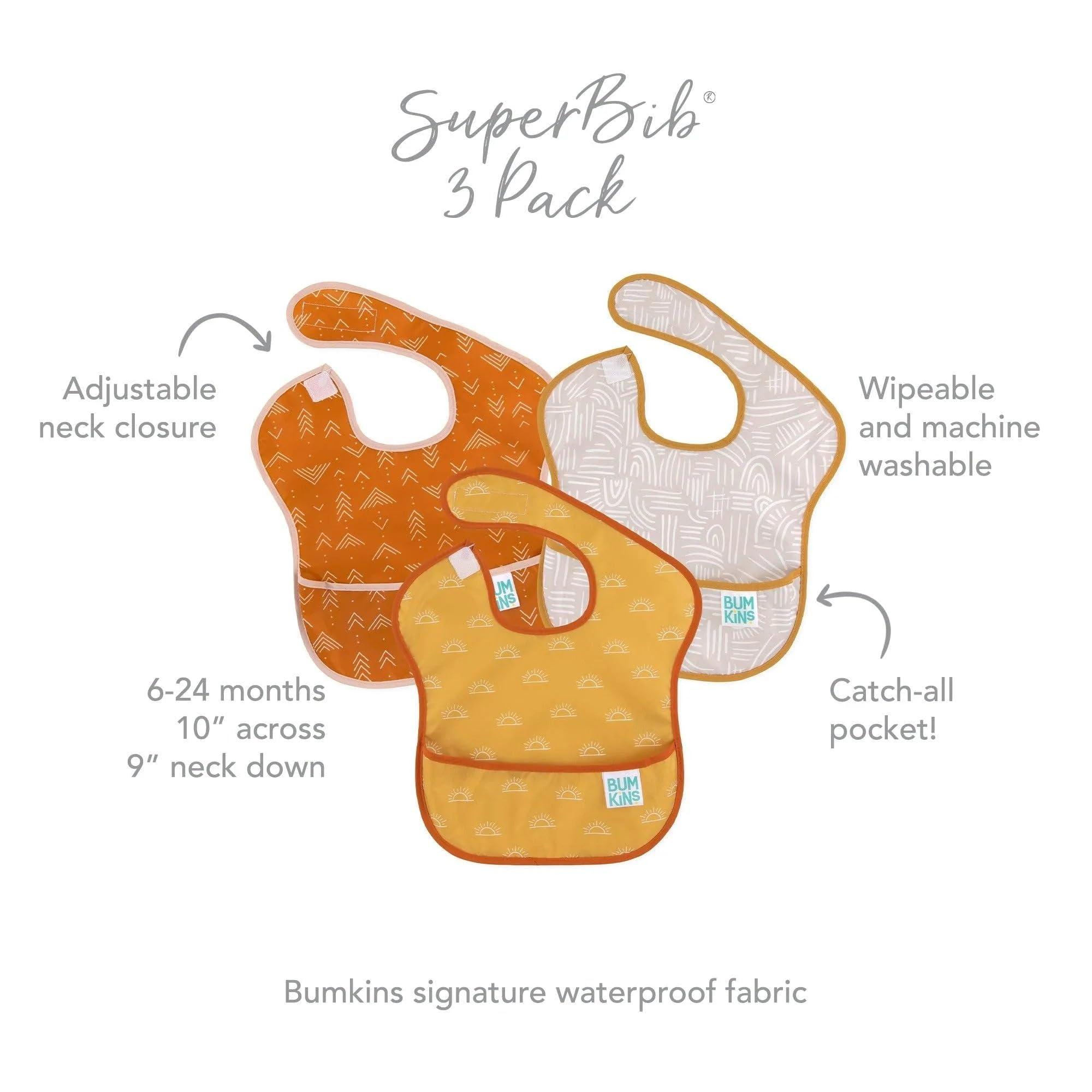 Bumkins Bumkins Bibs for Girl or Boy, SuperBib Baby and Toddler for 6-24 Months, Essential Must Have for Eating, Feeding, Baby Led Weaning Supplies, Mess Saving Catch Food, Waterproof Fabric 3-pk Desert Boho
