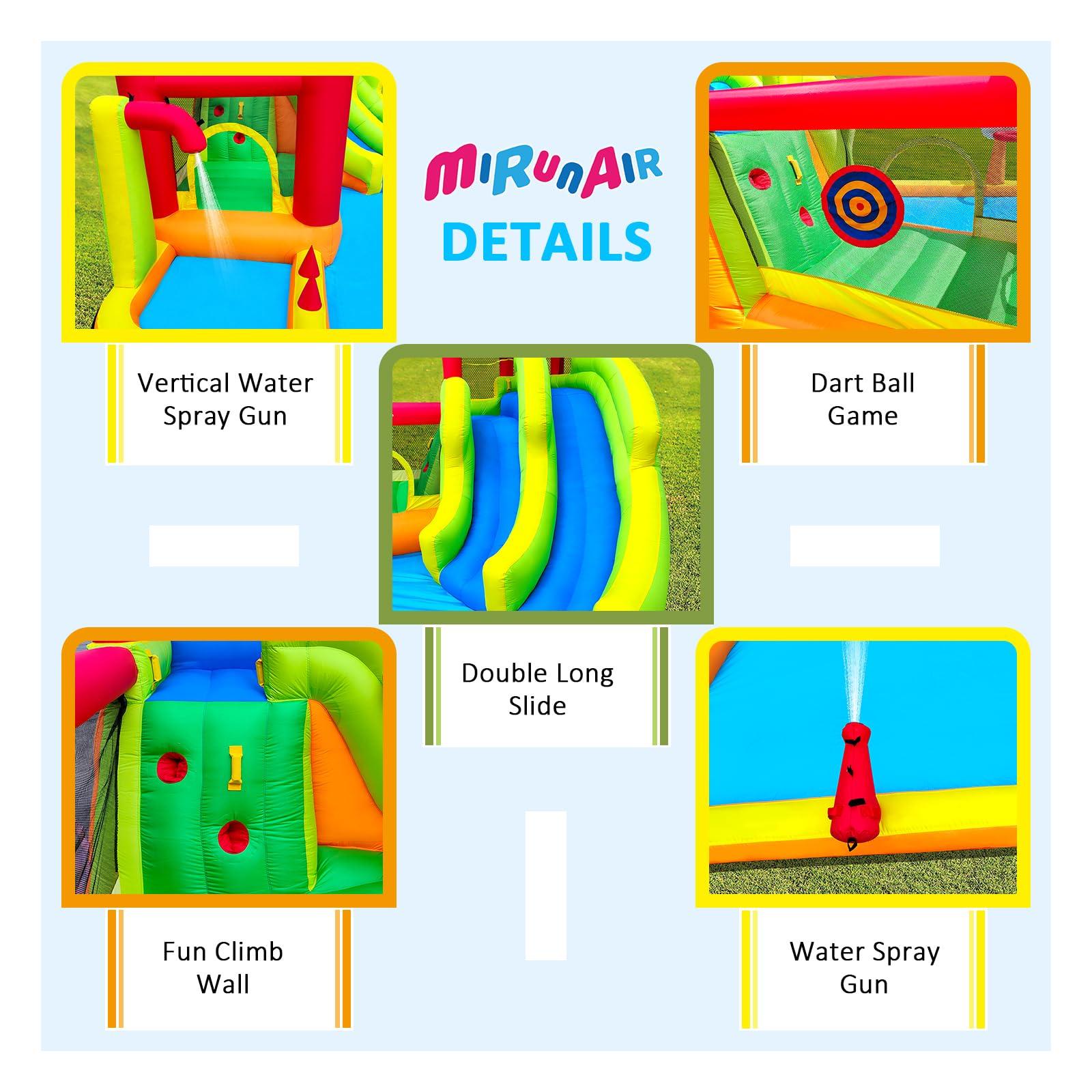 MIRUNAIR MIRUNAIR Inflatable Bounce House with Slides, Inflatable Water Slide for Kids Backyard, Bounce Water Prak with Air Blower, Splash Pool, Water Cannon, Climbing Wall, Outdoor Backyard Water Park