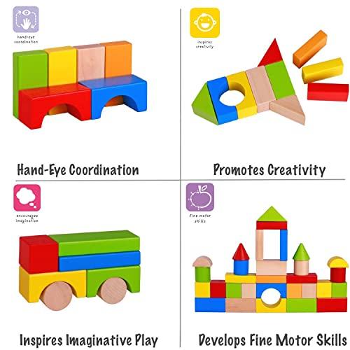 Pidoko Kids Pidoko Kids Wooden Blocks - 100 Pcs - Building Blocks for Toddlers - Includes Storage Container with Shape Sorter Top - Hardwood Plain & Colored Wood Blocks - Preschool Block Learning Toys