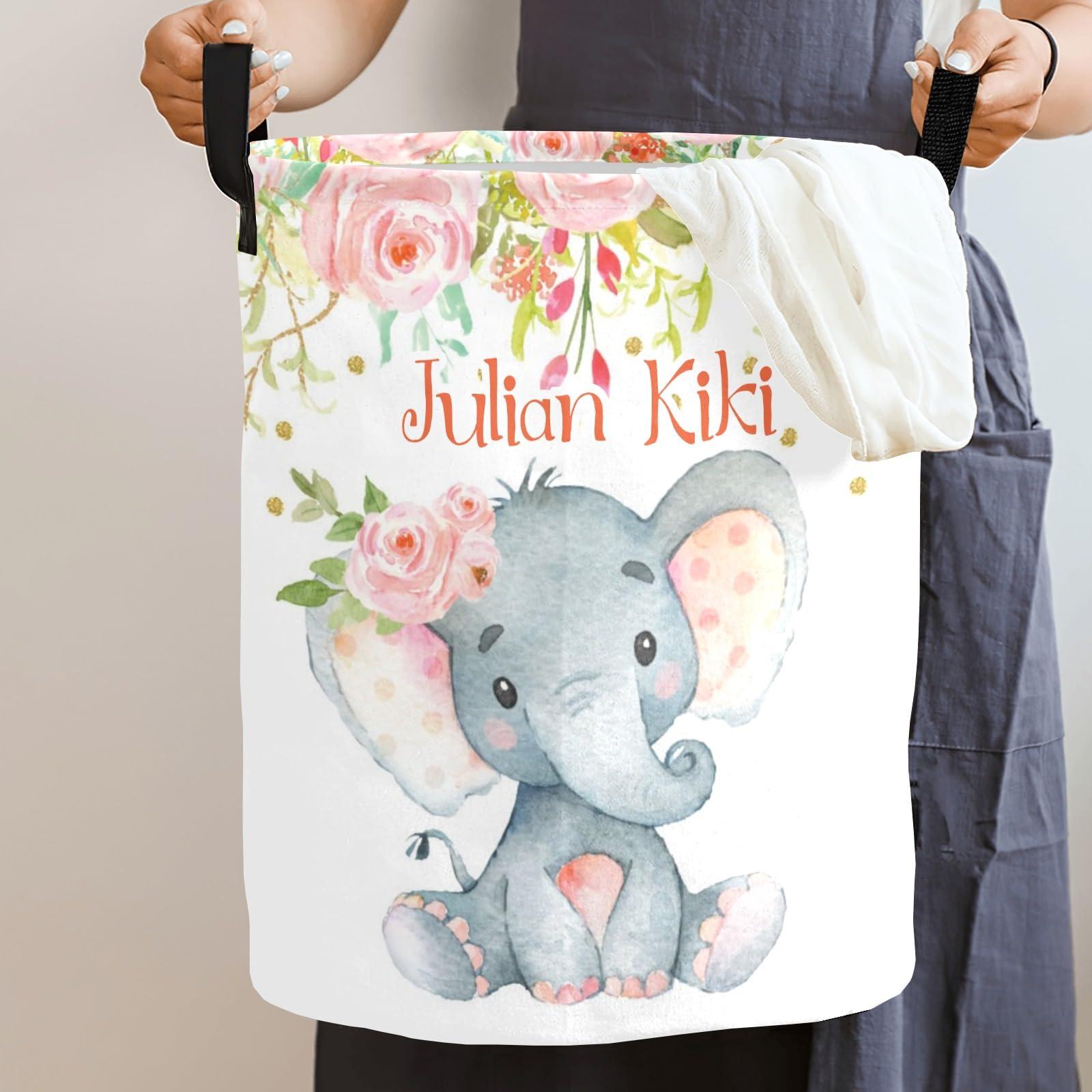 Joyestore Pink Flower Elephant Personalized Laundry Basket,Custom Name Collapsible Waterproof Laundry Hamper Storage Bins with Handle for Clothes,Toys Nursery