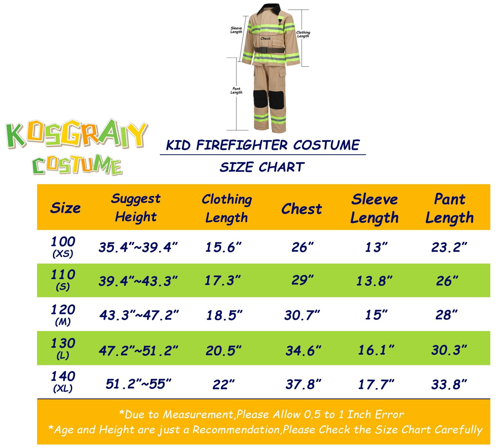 Kosgraiy Kosgraiy Firefighter Costume for Kids,Tan Fireman Costume for Boy and Girl,Kds Fire Chief Costume Outfit,Halloween,9pcs,Size S for Children 3-4Years