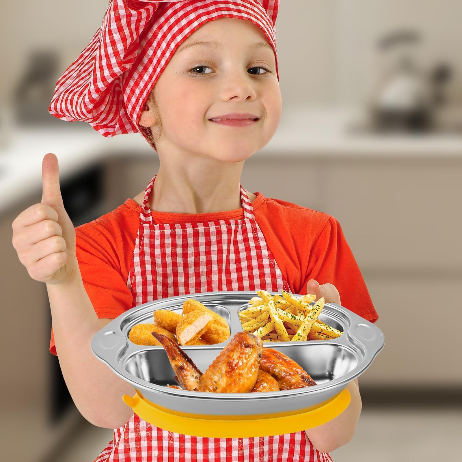 Mrs. Chou Stainless Steel Baby Suction Plates: Divided Plates Designed for Babies and Toddlers, Made of 100% Food-Grade Materials Ideal for Baby-Led Weaning BPA-Free Toddler Feeding Dishwasher Safe Yellow