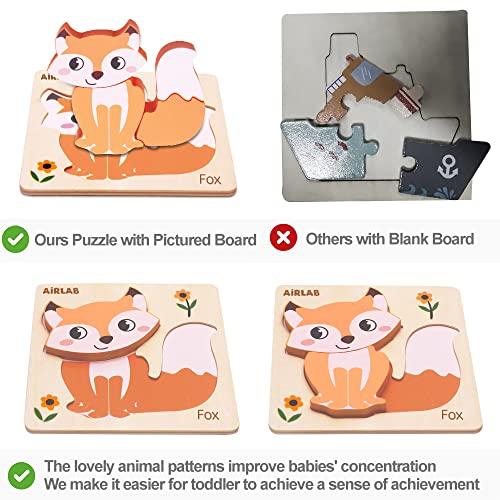 Airlab Wooden Puzzles for Toddlers 1 2 3 Year Old Animals Shape Puzzle Toys for Travel Airplane Gift for Kids Montessori Early Development Gifts for Baby Boys Girls with Drawstring Bag Pack of 4