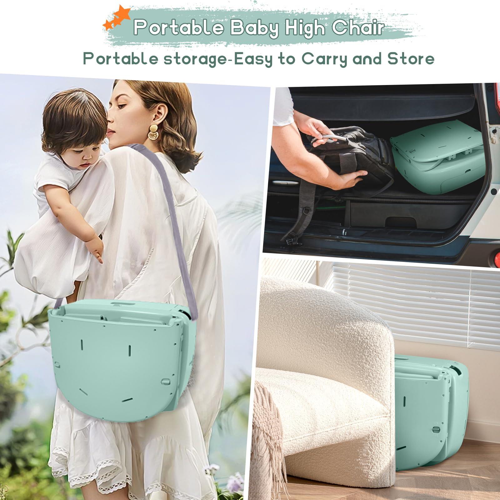 BABHAMNESS 4 in 1 Portable Baby High Chair,Convertible Highchair for Babies and Toddlers-Foldable Infant Booster Seat,Carry Small Box,Dining Chair,Toddler High Chair with 5-Point Harness,Removable Tray-Green
