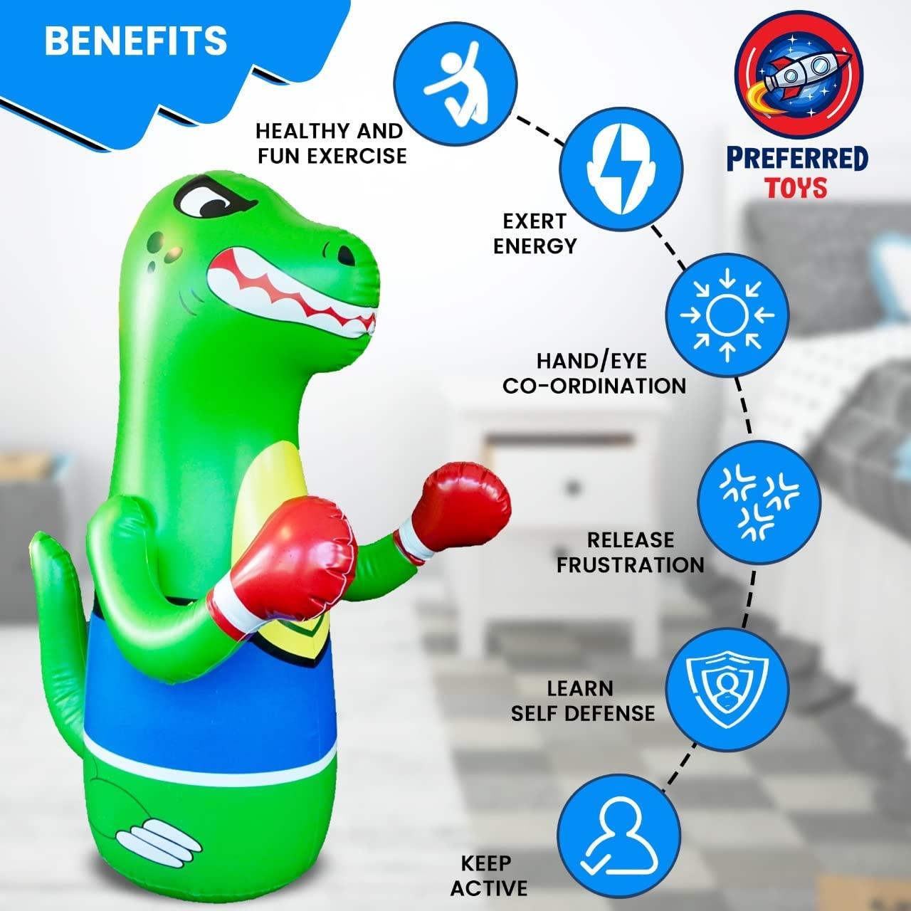 Preferred Toys Inflatable Punching Bag for Kids Set - Bop Bag Inflatable Punching Toy Bundle- Inflatable Dinosaur with Instant Bounce Back Movement - Bottom Space Can Use Both Sand and Water (47 Height)