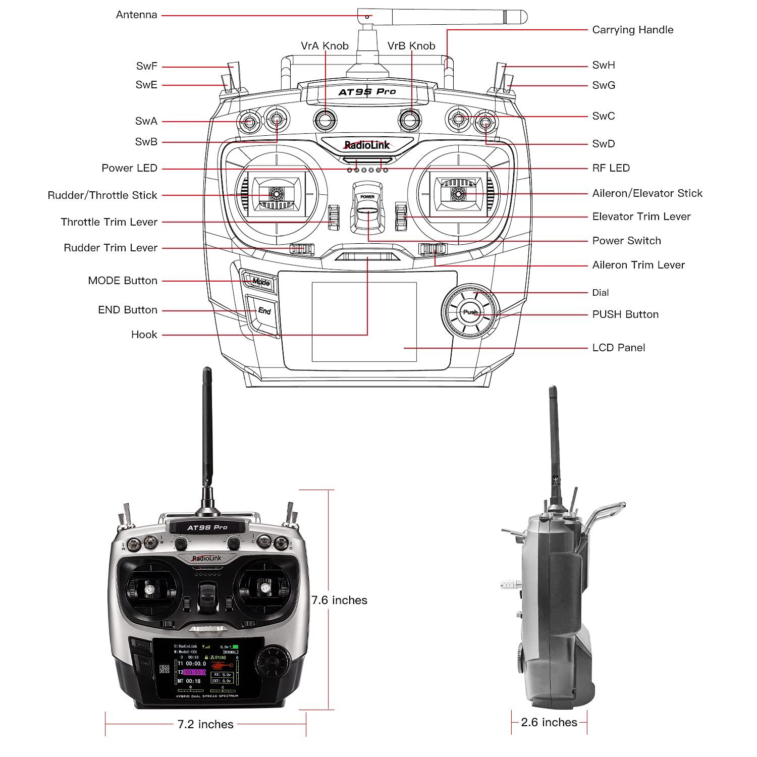 Radiolink Radiolink AT9S Pro 10/12 Channels Radio Transmitter and Receiver R9DS, Long Range for Airplane/Jet/FPV Racing Drone/Quad/RC Truck Car/Boat and More (Mode 2 Left Hand)