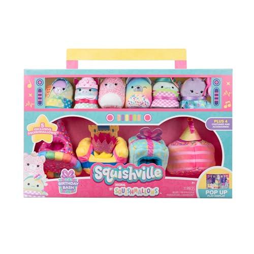 Squishville Squishville by Original Squishmallows Birthday Bash Set - Six Exclusive 2-inch Squishmallows Plush, Four Costumes and Accessories, and a Pop-Up Play Display - Toys for Kids