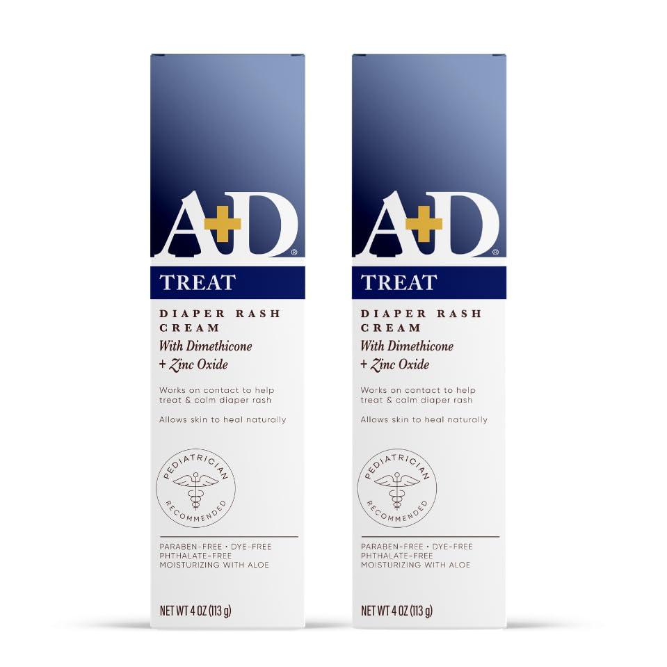 A+D A+D Zinc Oxide Diaper Rash Cream - Soothes & Treats Diaper Rash - Zinc Oxide 10% Dimethicone 1% - Easy Spreading Cream for Baby - Healing Skin Ointment for Red, Irritated Skin - 4oz, 2 Pack