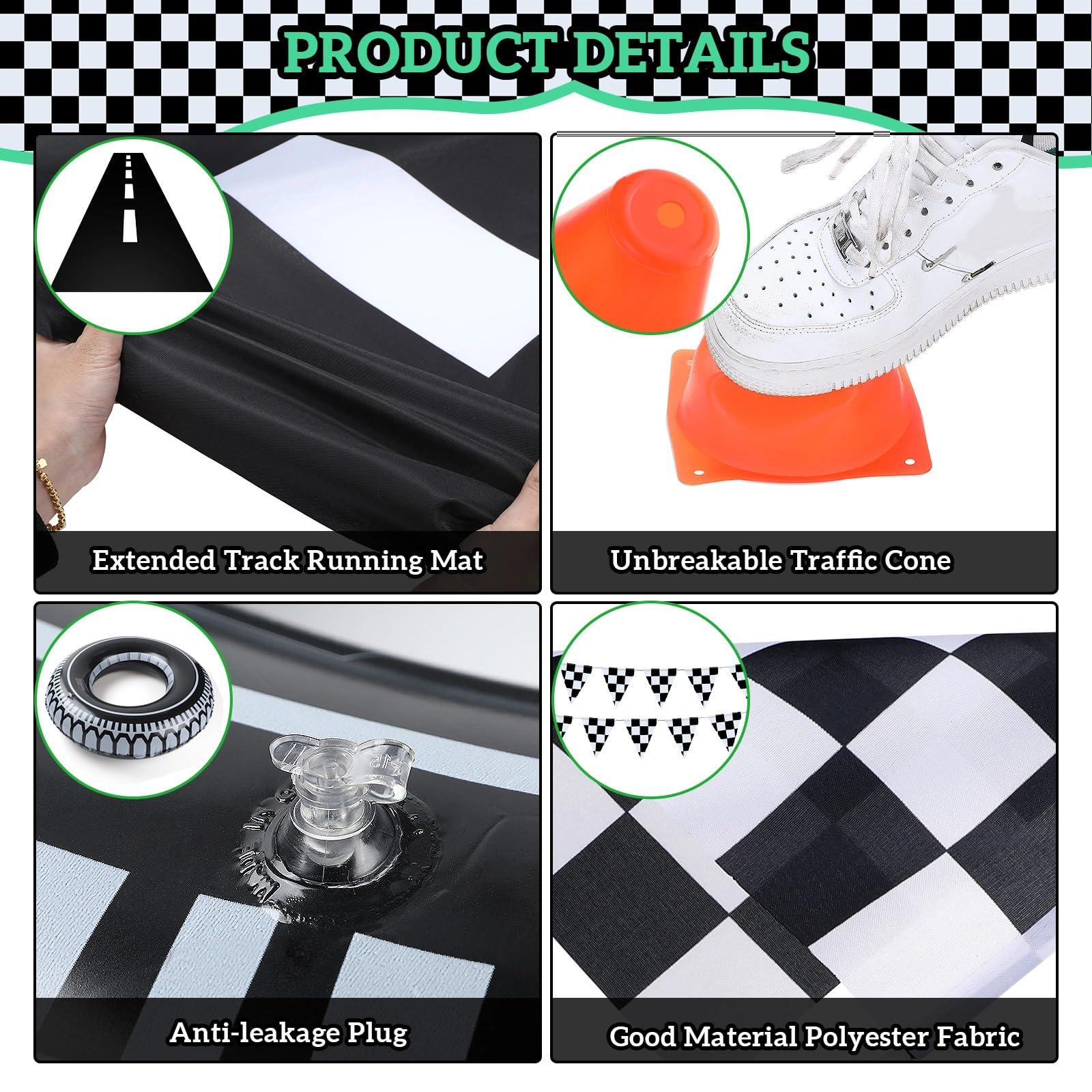 Woanger 78 Pcs Race Car Birthday Party Decor Include 46 Traffic Light Balloons, 12 Traffic Cones, 12 Checkered Flag, 2 Pennant Banner, 2 Tire Swimming Ring, 1 Track Running Mat, and 3 Assembly Accessories
