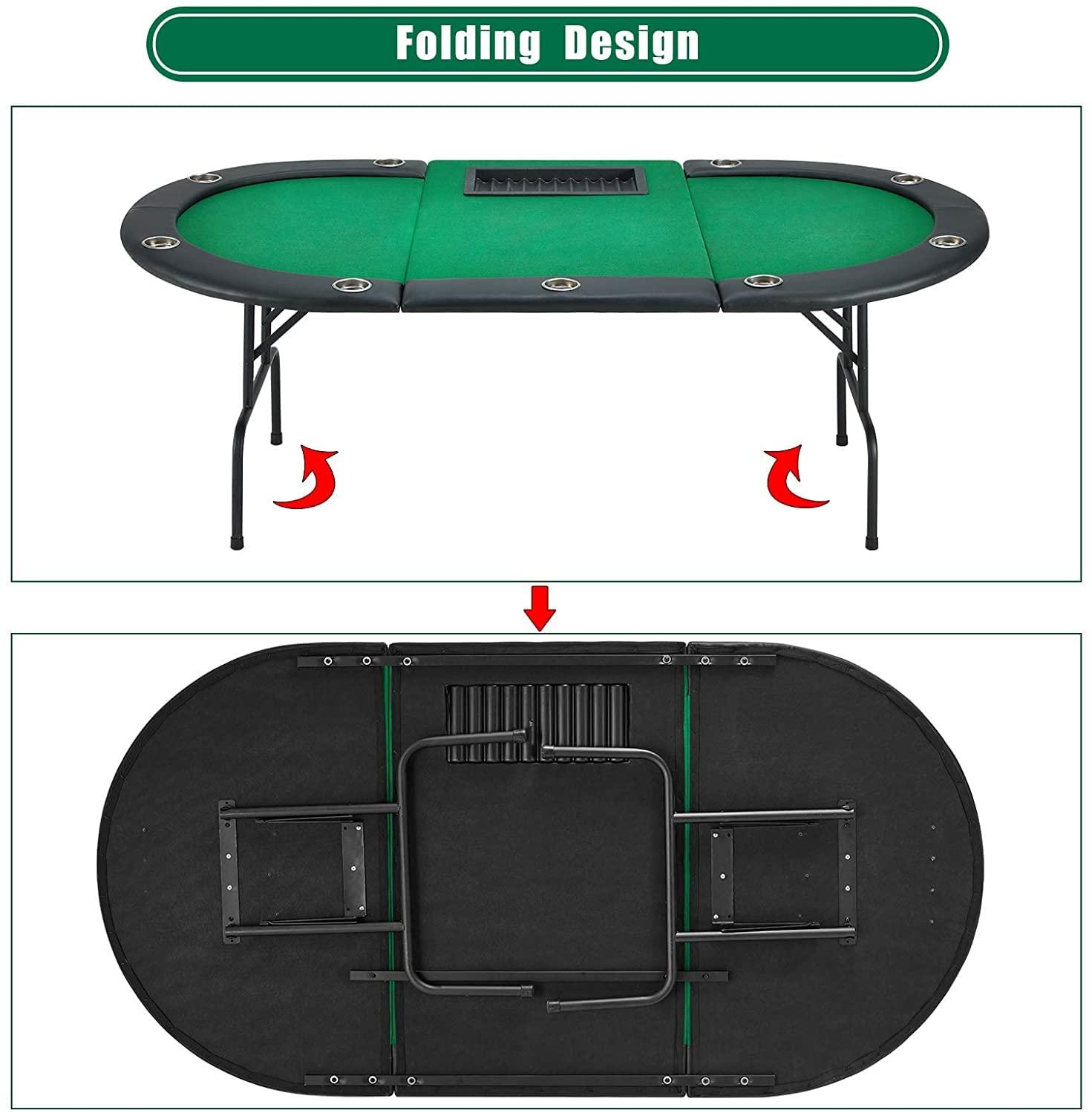 ECOTOUGE ECOTOUGE Poker Table with Stainless Steel Cup Holder, Oval Casino Leisure Table, Top Texas Hold'em Poker Table for 10 Player w/Leg, Green Felt