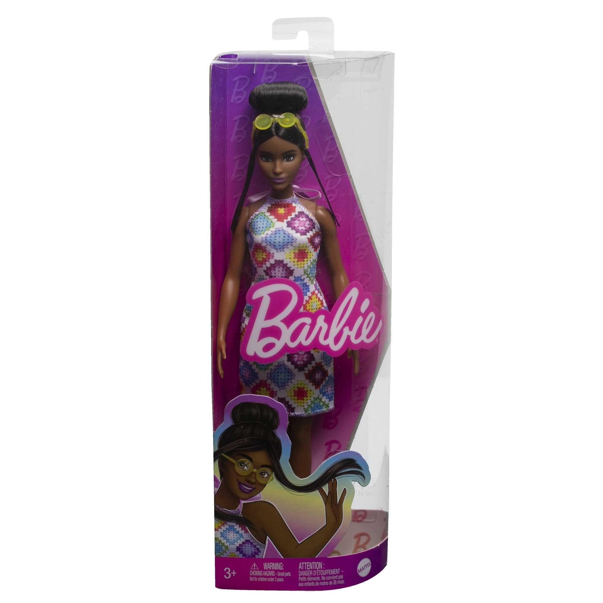 Barbie Barbie Fashionistas Doll #210 with Brunette Hair in Bun Wearing Removable Colorful Crochet Halter Dress, Sunglasses & Sandals