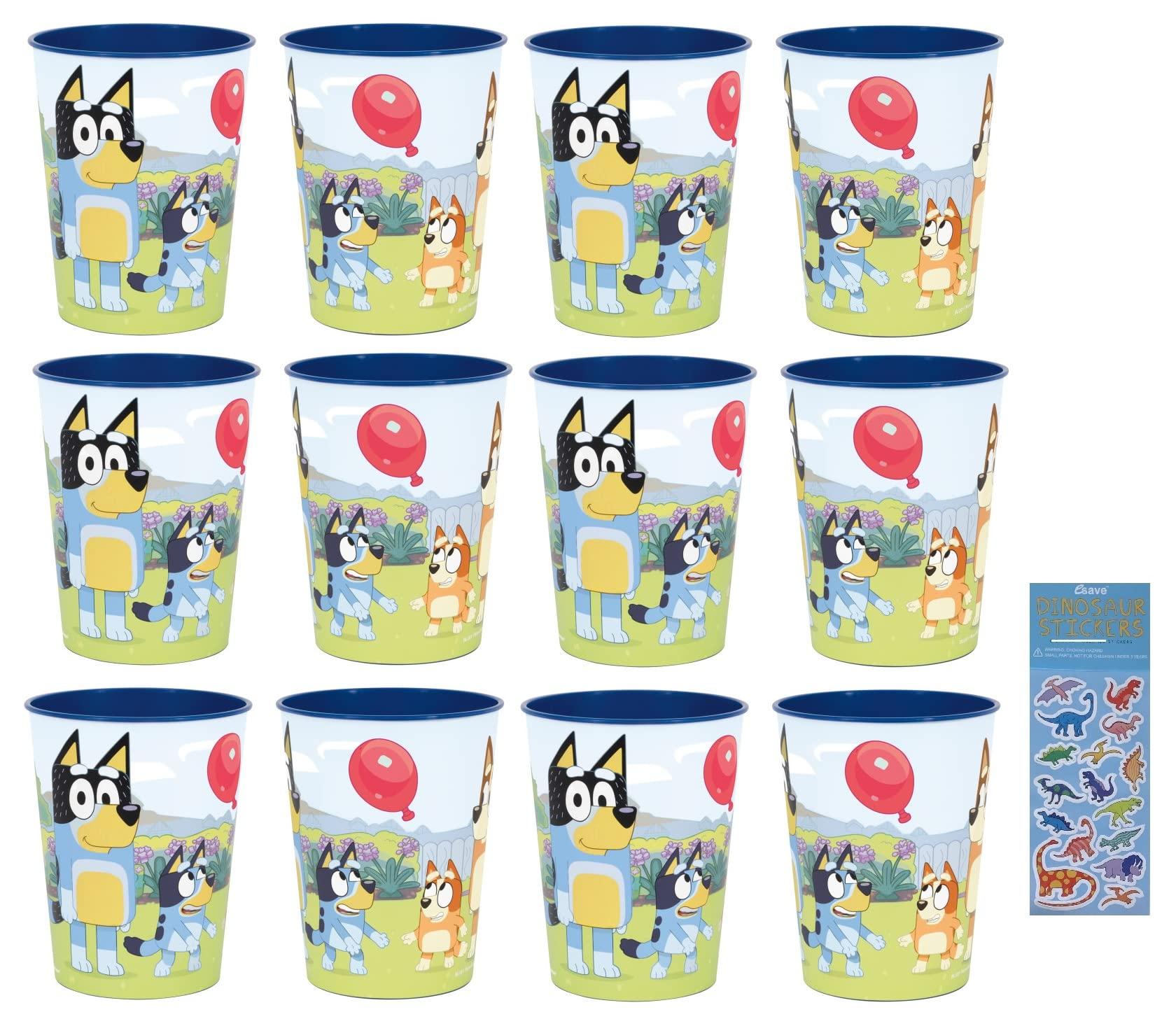 Unique Unique Bluey Birthday Party Supplies Bundle Pack includes 12 Reusable Plastic Cups and 1 Dinosaur Sticker Sheet