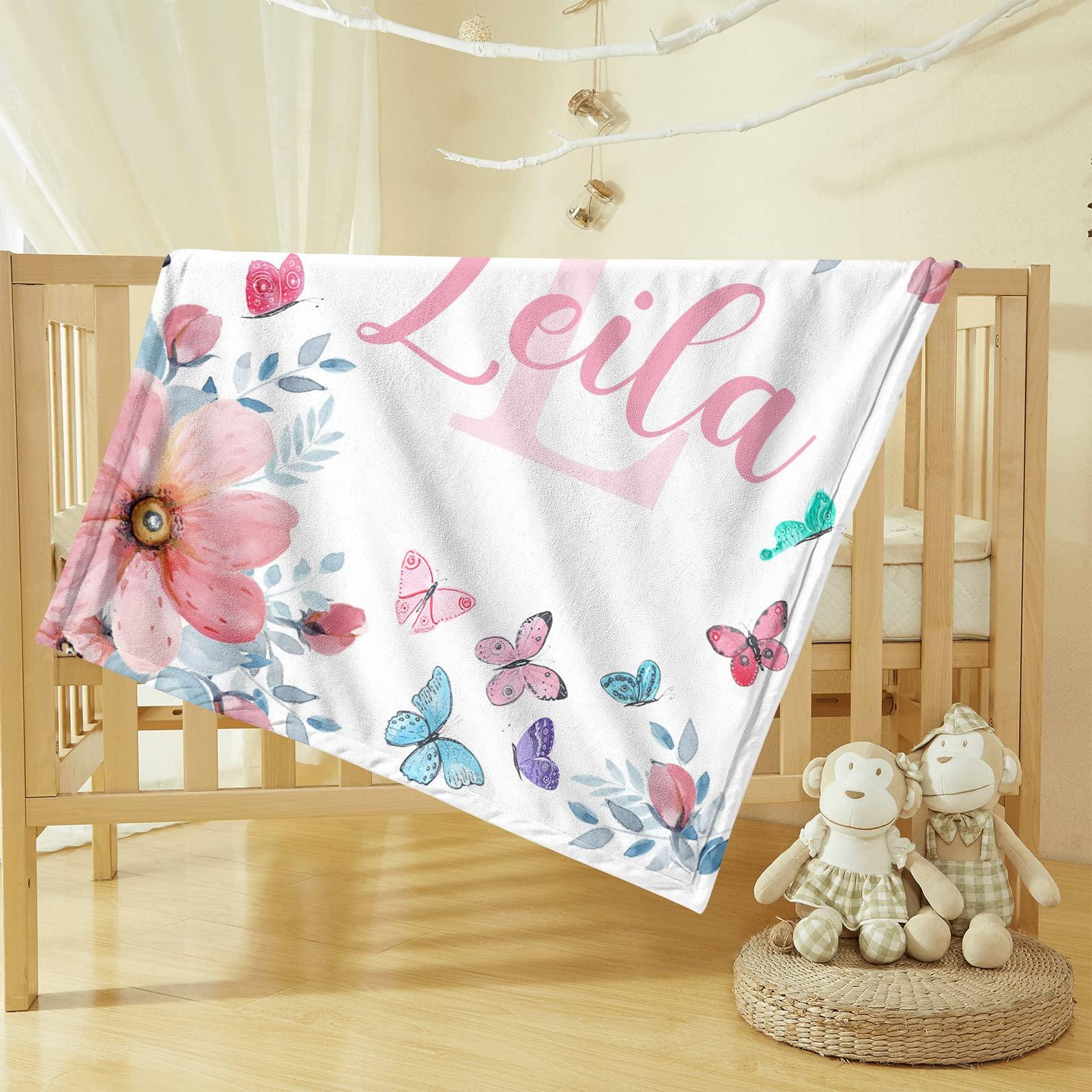 Noverbibi Personalized Floral Butterfly Baby Blanket with Name for Girls Boys - Custom Monogram Blankets with Floral for Kids Toddler - Customized Throw Blanket for Baby Adult - Soft Fleece Baby Blanket 40"x50"