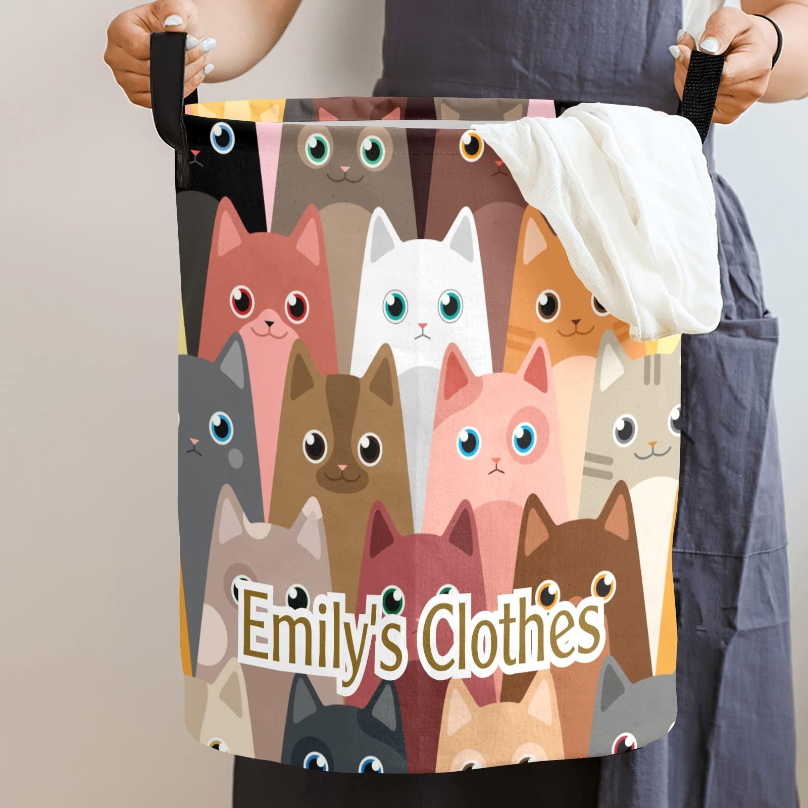 Grandkli Cartoon Cat Personalized Freestanding Laundry Hamper, Custom Waterproof Collapsible Drawstring Basket Storage Bins with Handle for Clothes