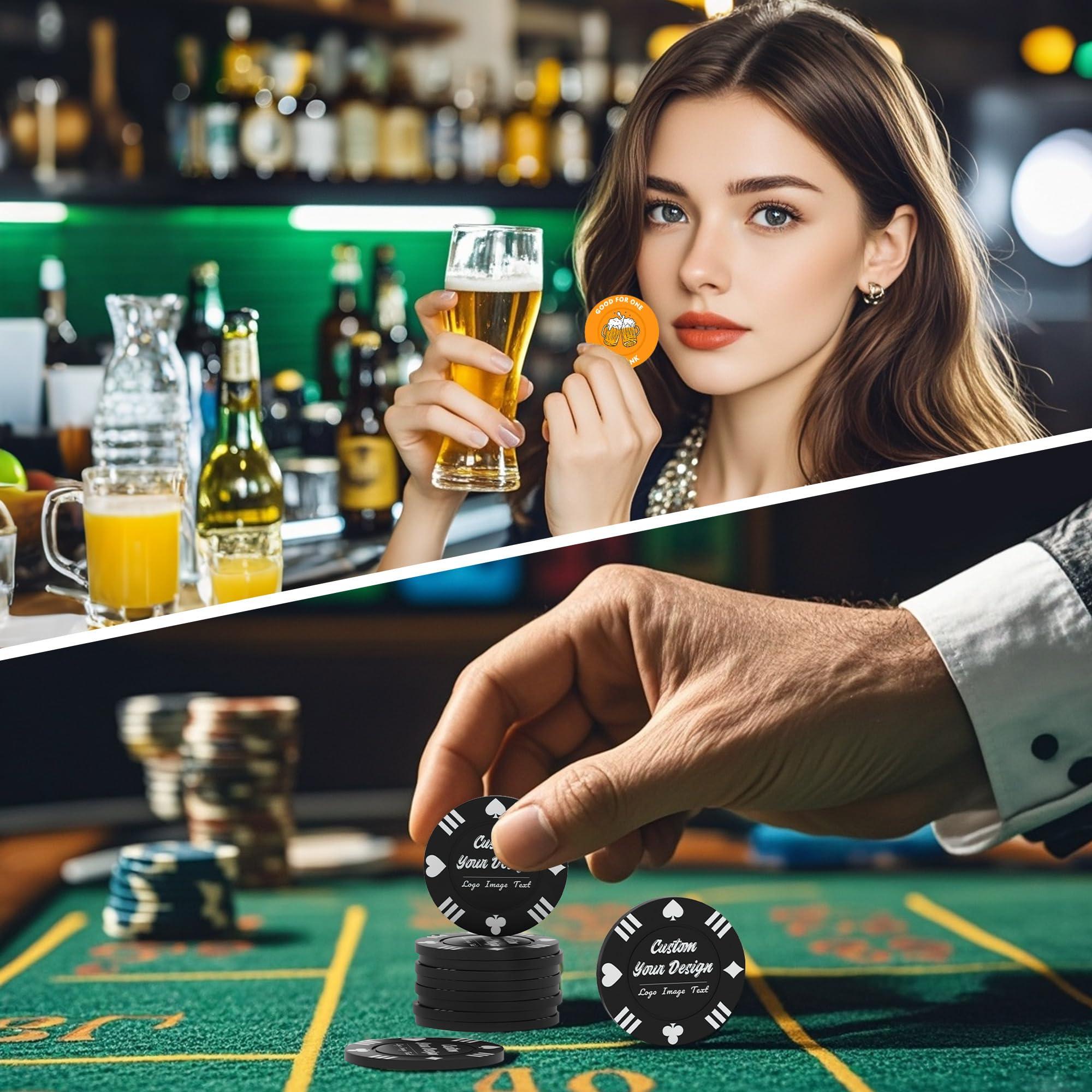 MANBATTLE 100 Custom Poker Chips, Drink Token Chips Imprinted with Personalized Logo, Image or Text, Double Sided Full Color Print Custom Tokens for Bars, Party, Poker Games or Casino Night (Rose Red)