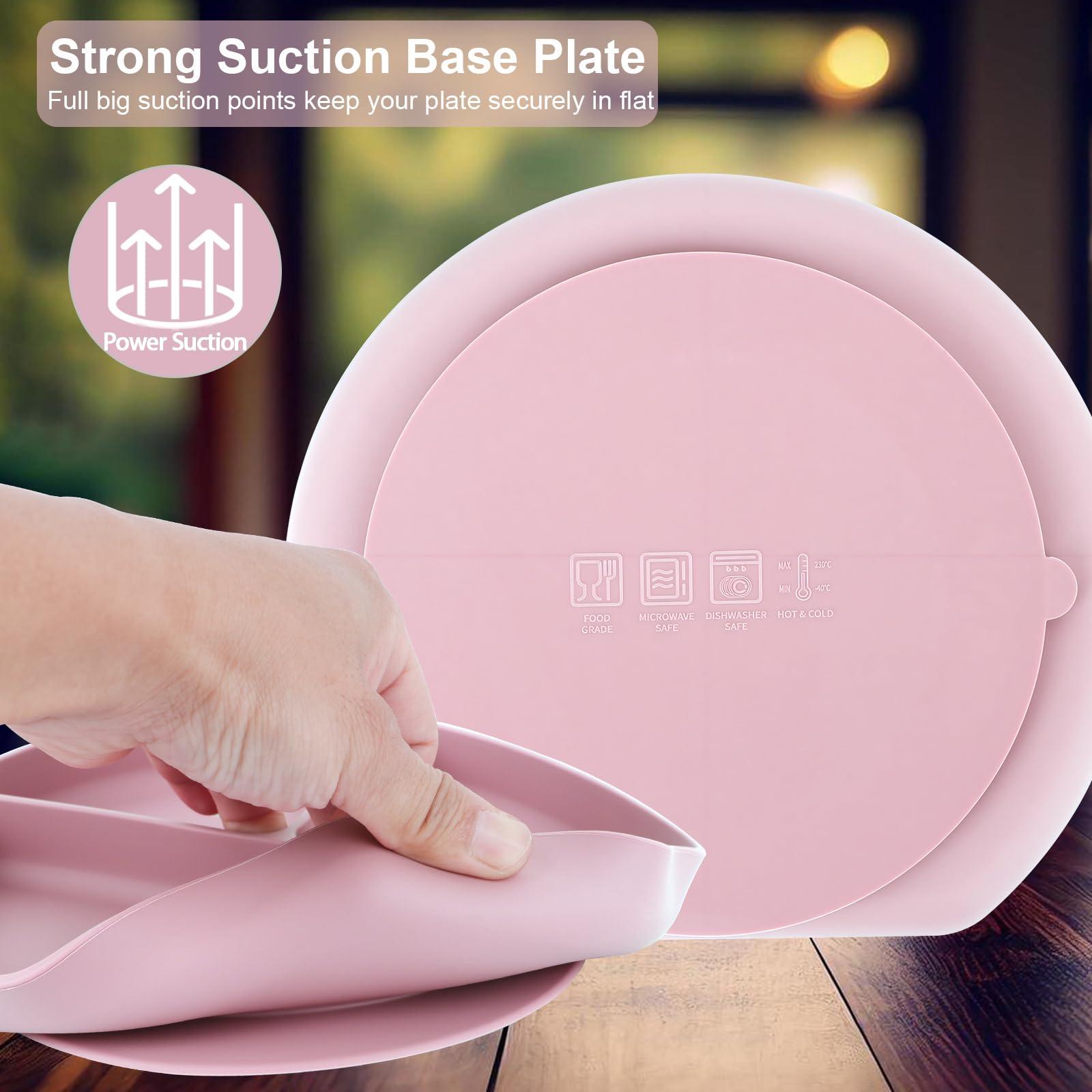 Nalchios Nalchois Silicone Kid Plate with Suction, Toddler Plates with Spoon & Fork, 100% Food-Grade Silicone Round Style, Non-Slip, Divided Plates for Toddlers & Kids, Dishwasher & Microwave Safe (Pink)