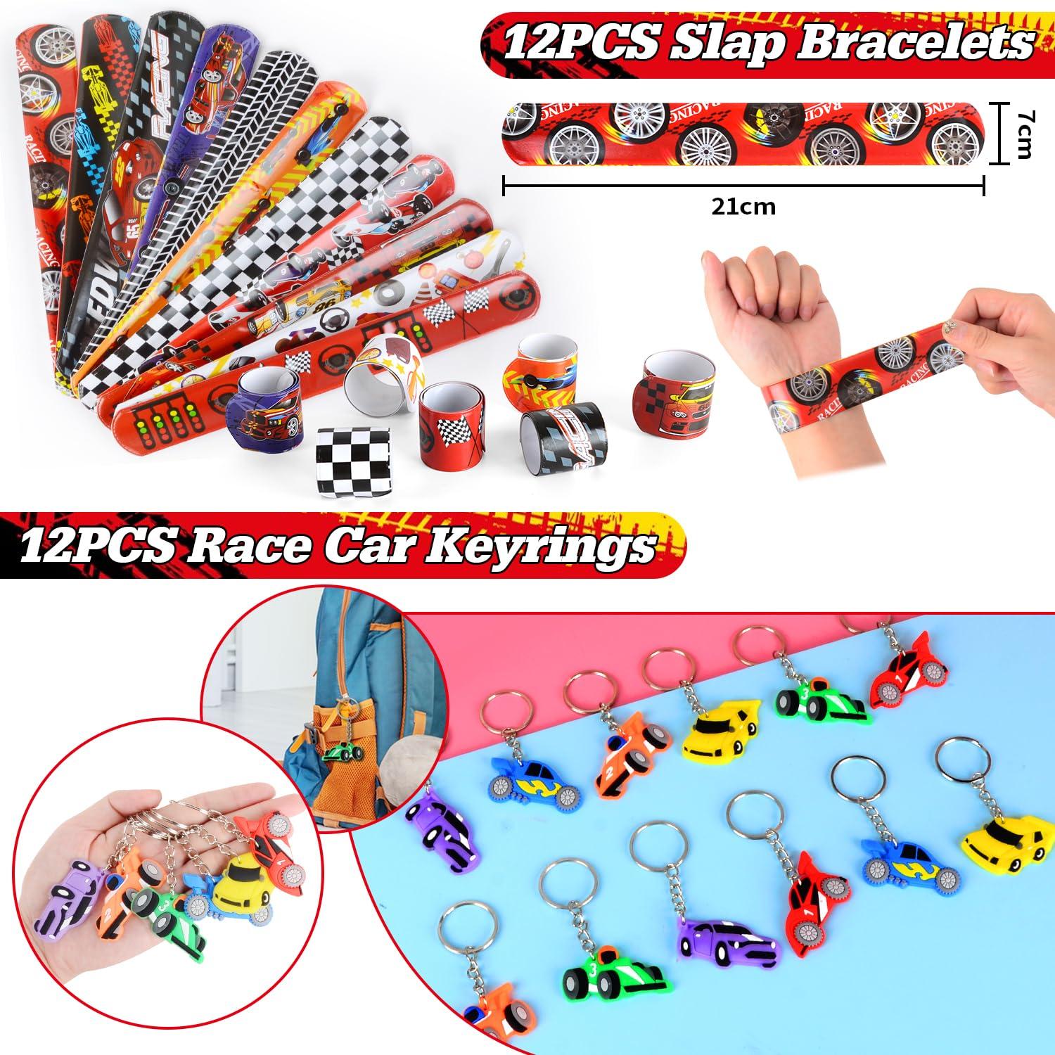 KISPATTI 122 PCS Race Car Party Favors, Racing Birthday Party Favors with Pull Back Cars Drawstring Bags Slap Bracelet Keychain Stamper Tattoo Stickers, Racecar Theme Party Supplies Goodie Bag for Boys Kids
