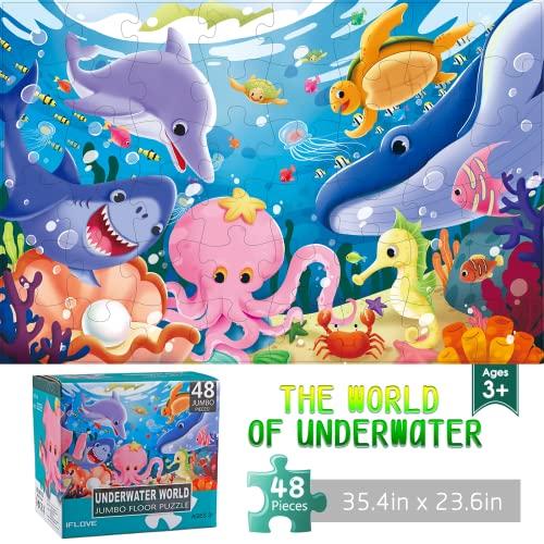 IFLOVE Jumbo Floor Puzzle for Kids World Map Dinosaur Jigsaw Large Puzzles 48 Piece Ages 3-6 for Toddler Children Learning Preschool Educational Intellectual Development Toys 4-8 Years Old
