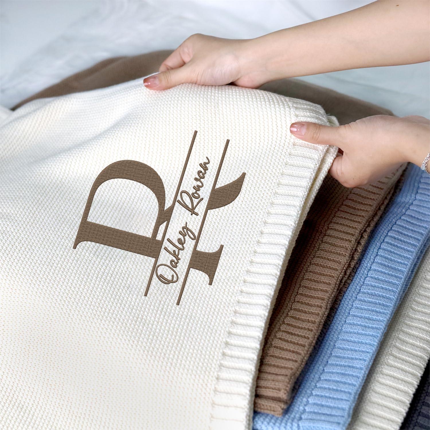 locobird locobird Initials Name Embroidered Baby Blanket, Personalized Baby Blanket for Boys Girls, Custom Baby Name Blankets, Embroidery Blanket, Cotton Knit Blanket for Son Daughter
