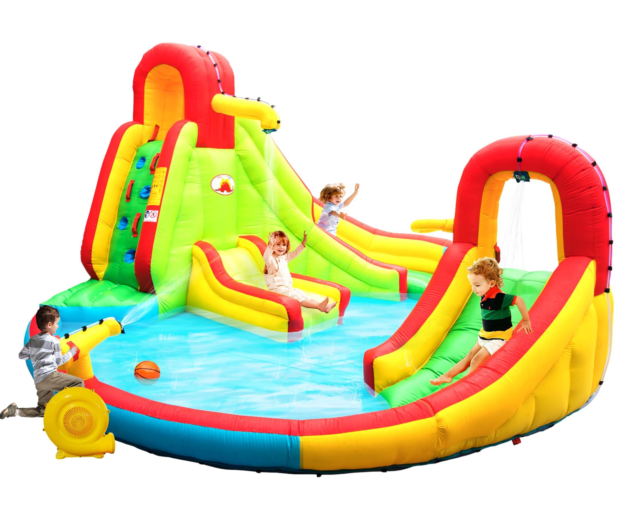 WELLFUNTIME WELLFUNTIME Inflatable Water Park with Blower, Dual Water Slide, Climbing Wall, Water Gun, Splash Pool, Lounge and Basketball Hoop