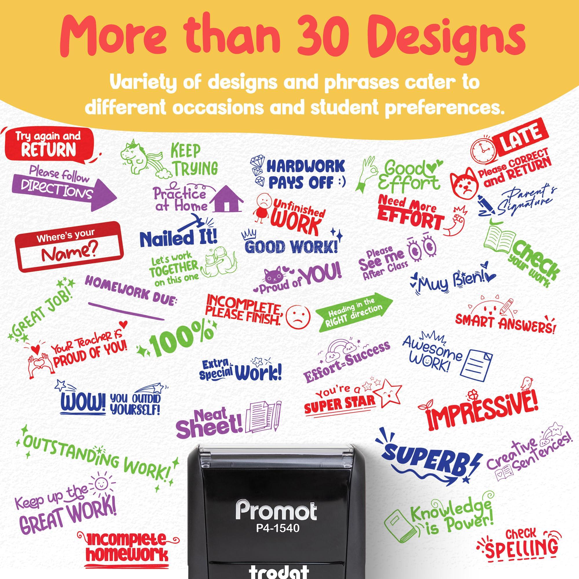 Promot Promot Teacher Stamps for Classroom - Practice at Home Self Inking Stampers for Kids - Homeschool Grading Tool, Encouraging Motivational Kids Stamp for School, Choose from 40 Fun Rubber Stamp Designs