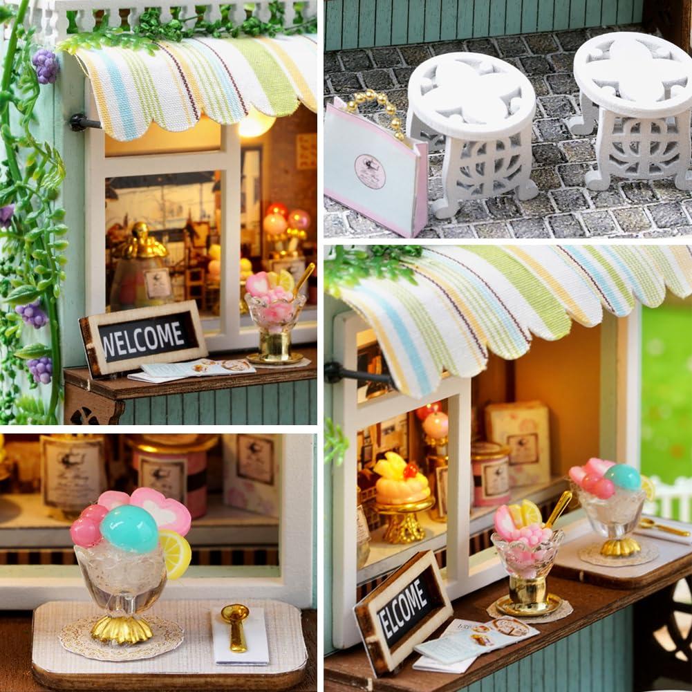 Generic Generic DIY Miniature Dollhouse Kit Wooden Dolls House with LED Dust CoverCreative Room Mini House Building Kit for Birthday Gift (Dessert time)