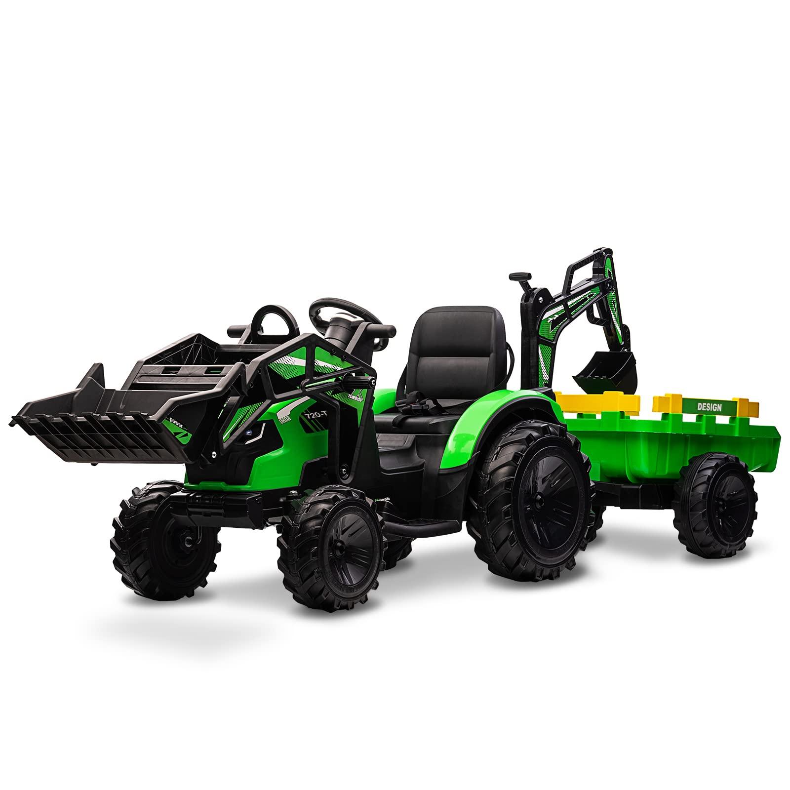Hetoy 24V 3 in 1 Kids Ride on Tractor, Excavator & Bulldozer, Electric Vehicle w/Trailer, Digger, Shovel Bucket, Remote Control, EVA Tires, LED Lights, Music & USB, Ride on Car Toy, Green