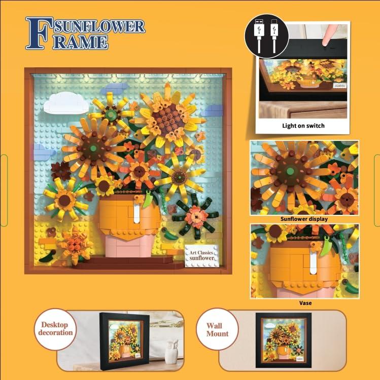 HOGOKIDS HOGOKIDS Flowers Sunflower Building Set with Lights - Vincent Van Gogh Painting Frame Artwork Mini Building Blocks Toy for Home Dcor Wall Art Architecture Sets for Adults Teens - 807PCS