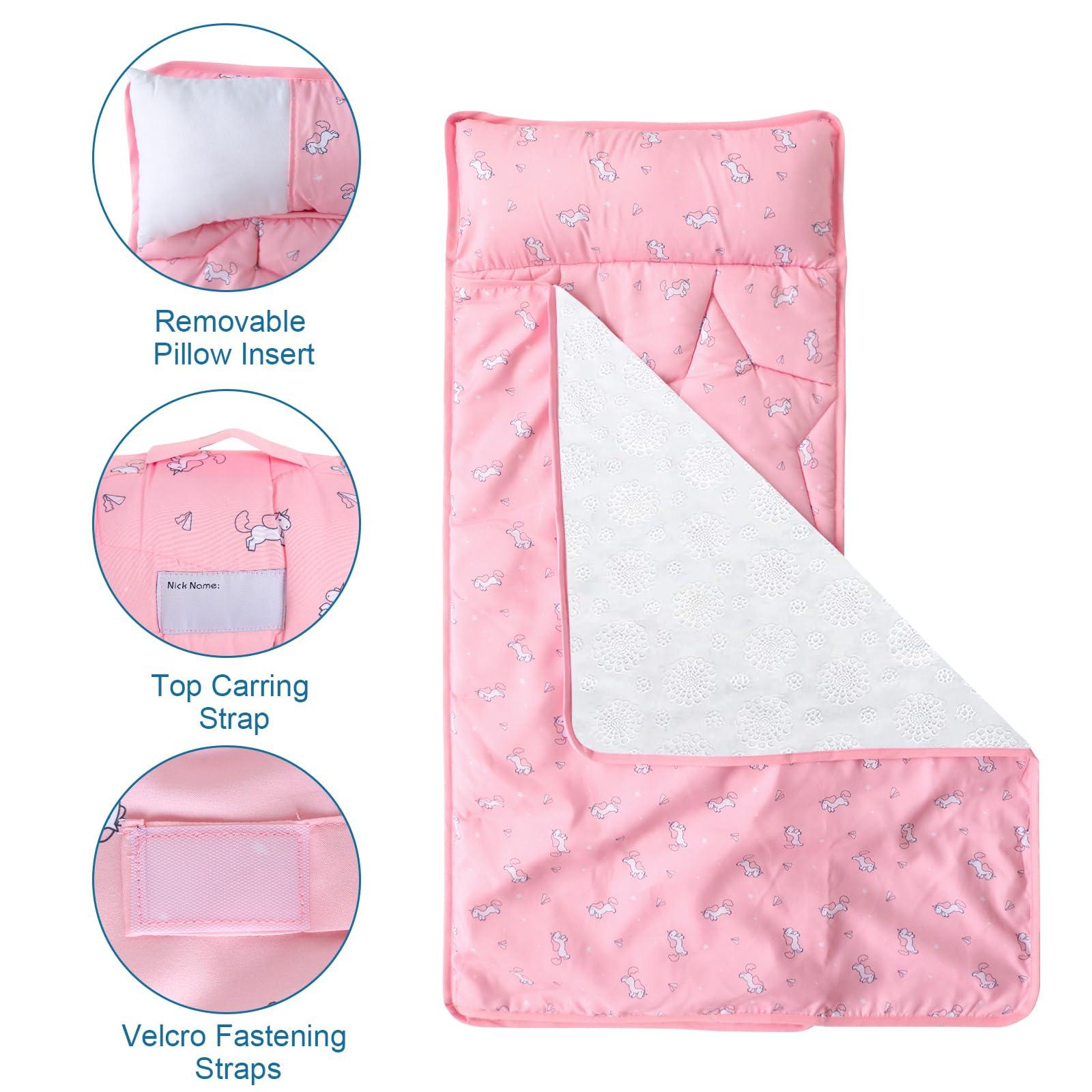 SPRINGSPIRIT 2 Pack Toddler Nap Mat with Pillow and Blanket 50" x 21" x 1.5", Nap Mat for Boys Girls Super Soft and Cozy, Kids Sleeping Bag for Preschool, Daycare, Toddler Sleeping Bag, Pink Horse/Pink