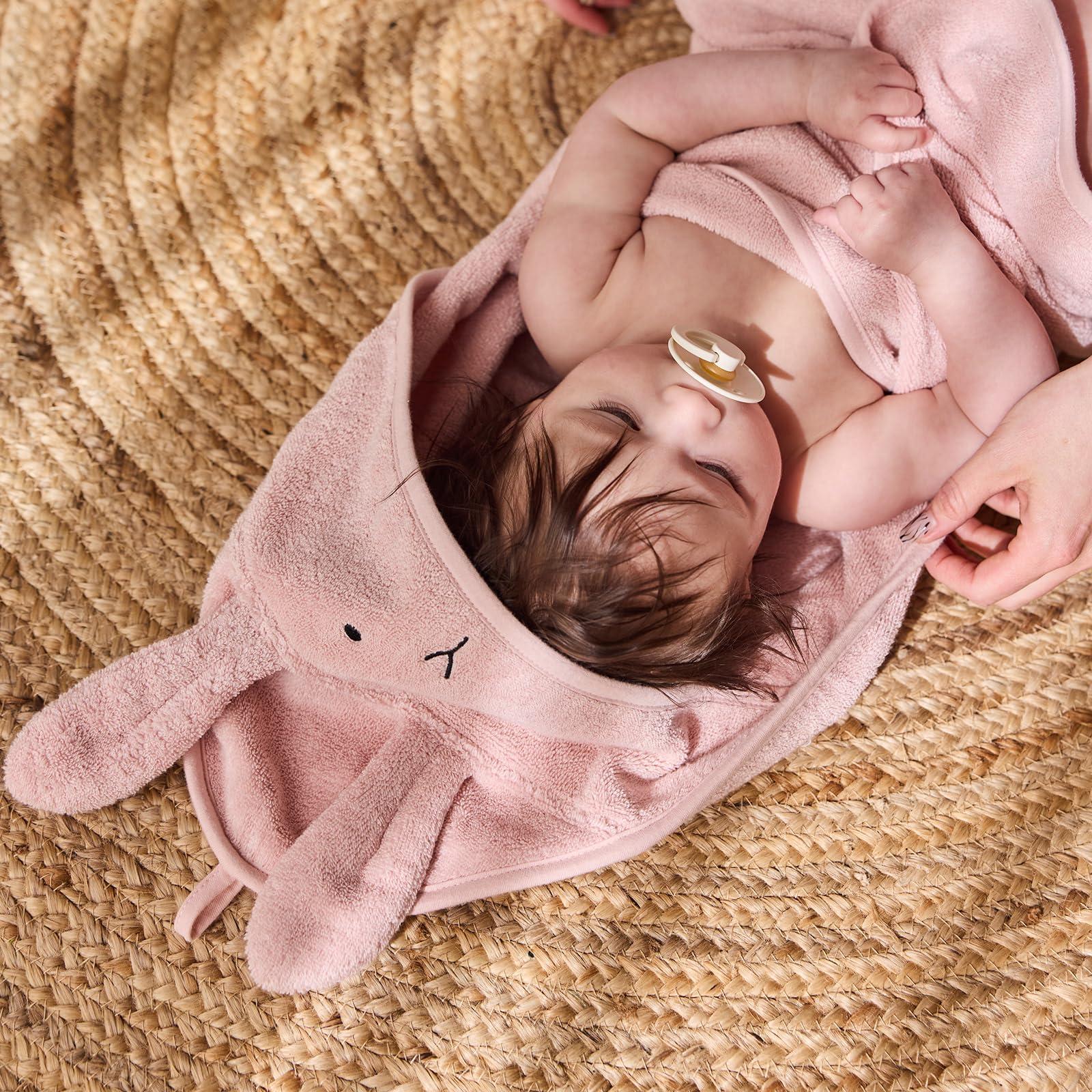 Huxie Baby Hooded Towel Organic Cotton Baby Bath Towels, 32" x 32" Super-Soft and Absorbent Baby Towels for Newborn 2-Pack (Rabbit Blush/Bear Fog)