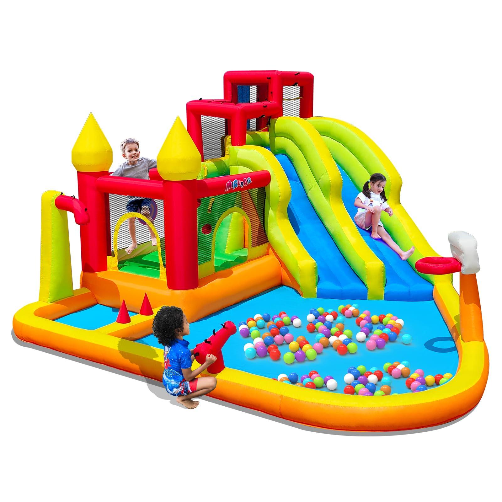 MIRUNAIR MIRUNAIR Inflatable Bounce House with Slides, Inflatable Water Slide for Kids Backyard, Bounce Water Prak with Air Blower, Splash Pool, Water Cannon, Climbing Wall, Outdoor Backyard Water Park